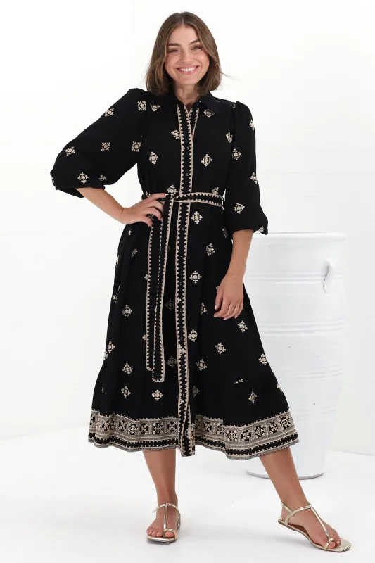 Anita Midi Dress - Button-Down Shirt Dress with Embroidery Detailing in Yara Print Black sold by Salty Crush