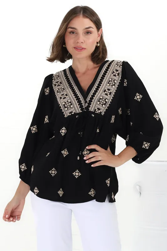 Joelle Top - V Neck High-Low Top in Yara Print Black sold by Salty Crush