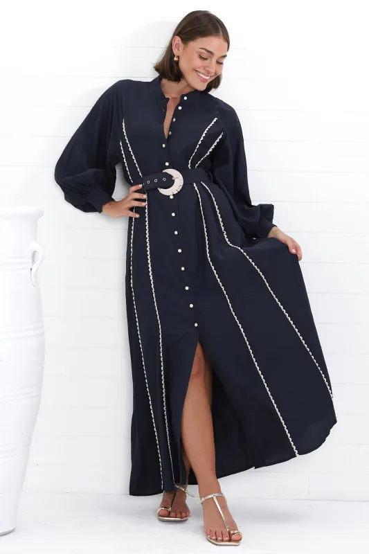 Darcy Maxi Dress - Contrast Detailing Button Down Dress with Belt in Navy sold by Salty Crush