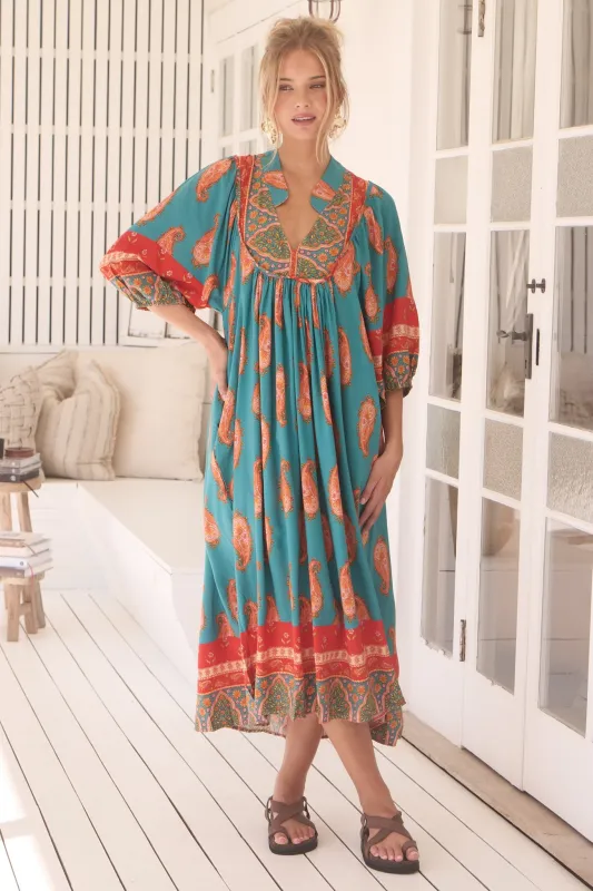 Boheme Midi Dress - Piping Defined Bust 3/4 Sleeve Smock Dress in Melody Print sold by Salty Crush