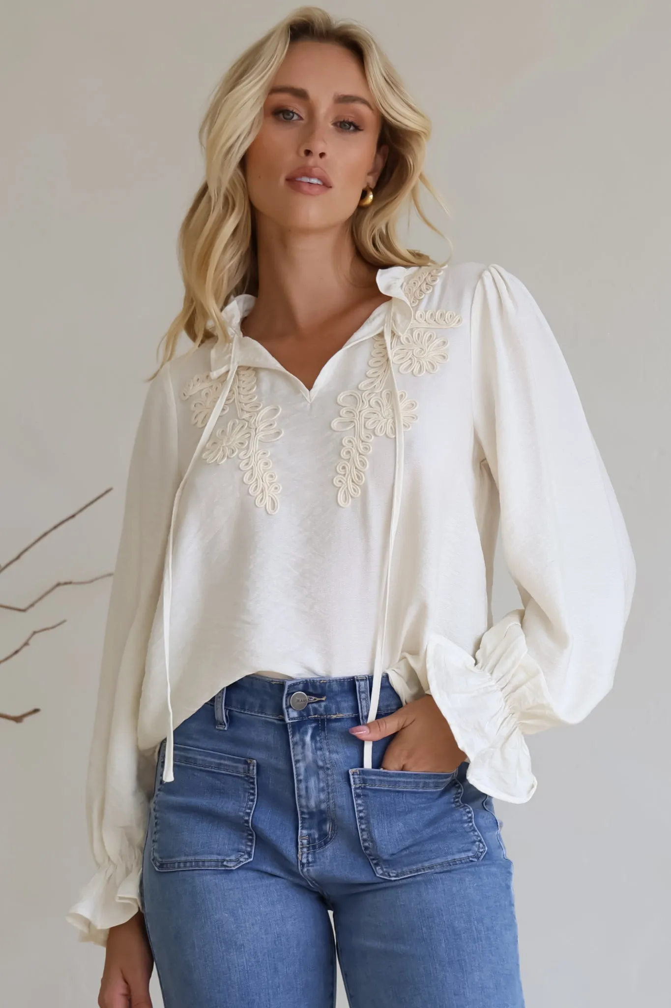 Lucian Blouse - Frill Neckline Pull Over Floral Decal Blouse in Cream sold by Salty Crush