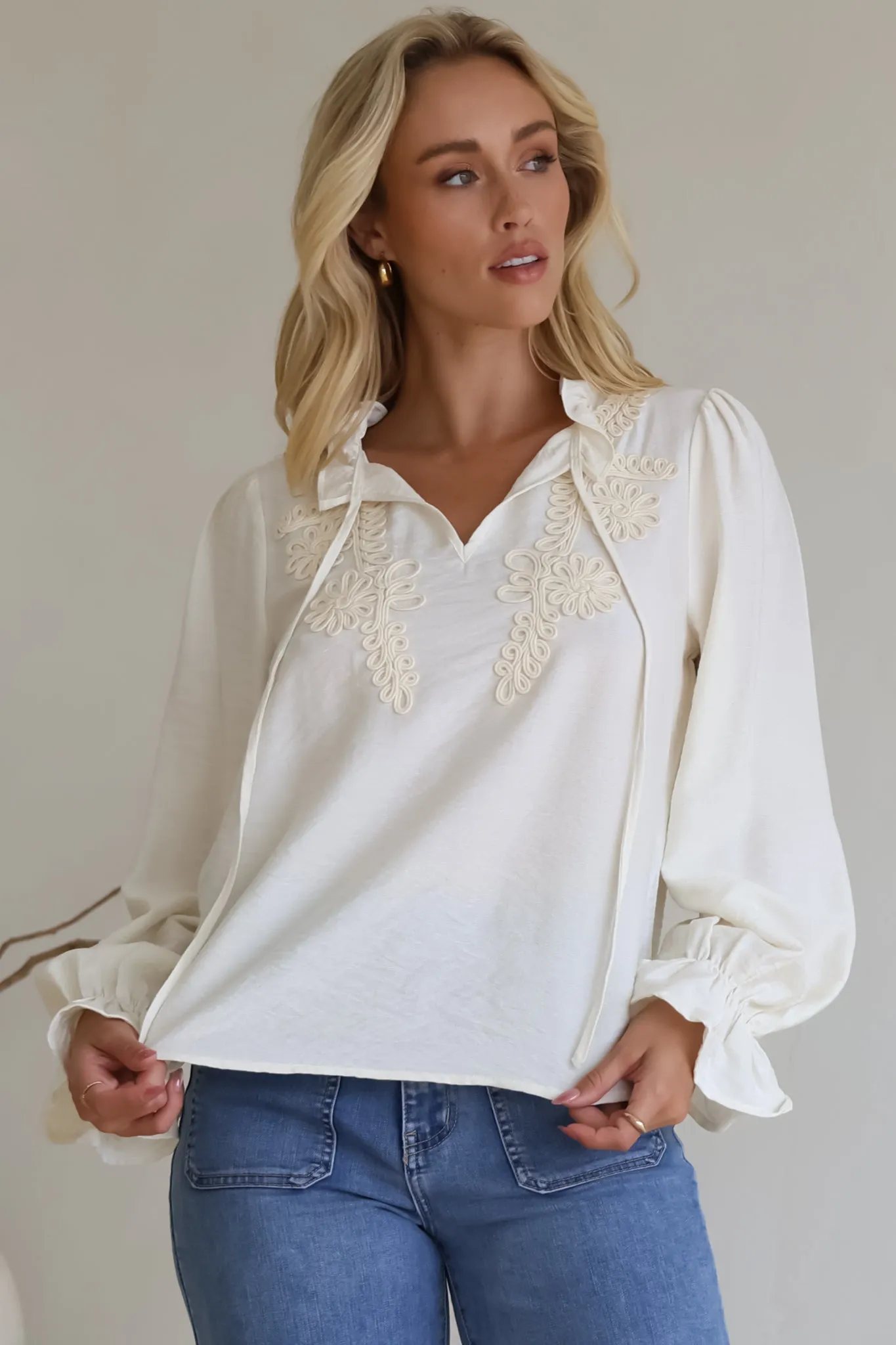 Lucian Blouse - Frill Neckline Pull Over Floral Decal Blouse in Cream sold by Salty Crush product image thumbnail 2