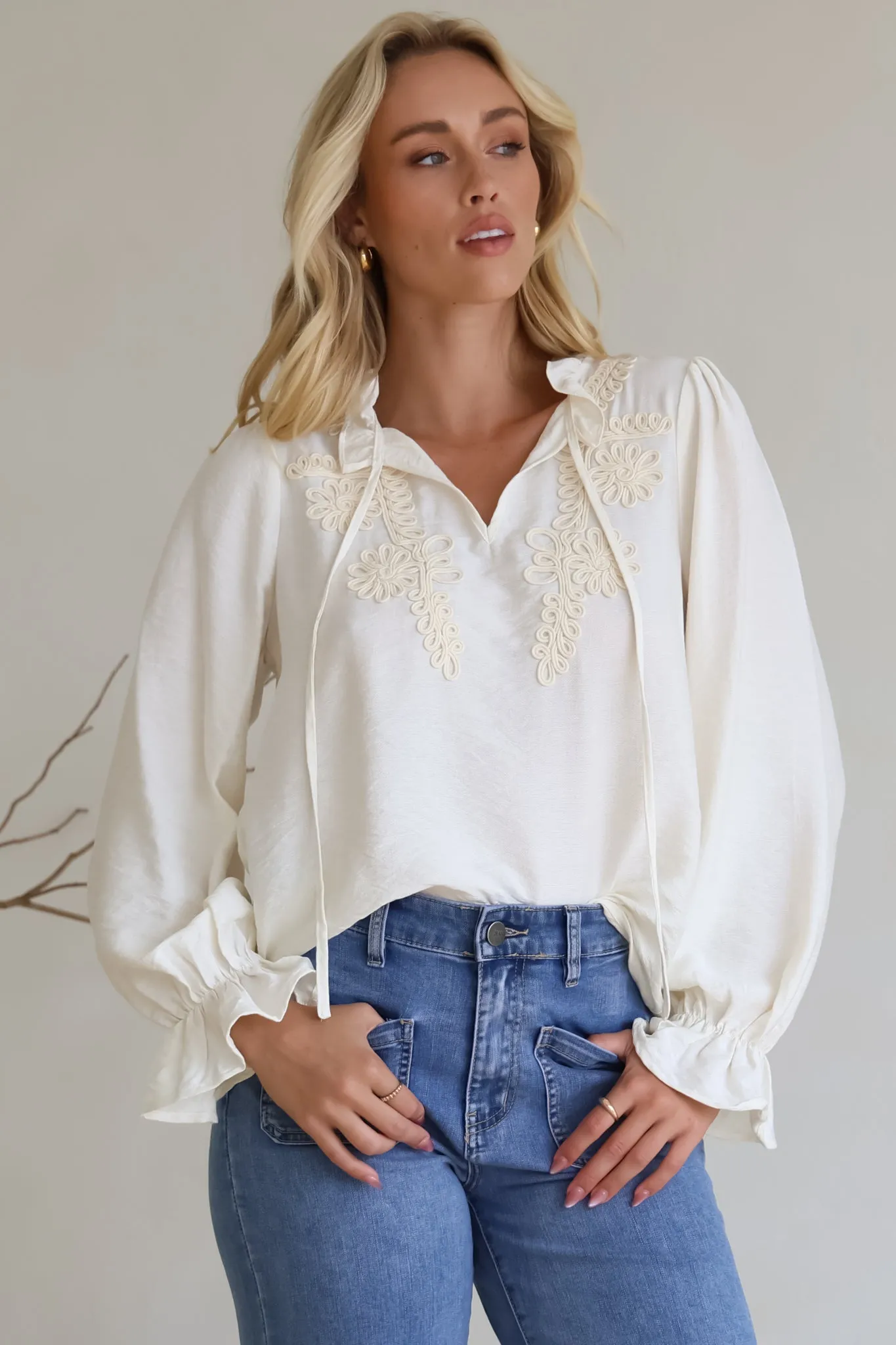 Lucian Blouse - Frill Neckline Pull Over Floral Decal Blouse in Cream sold by Salty Crush product image thumbnail 3