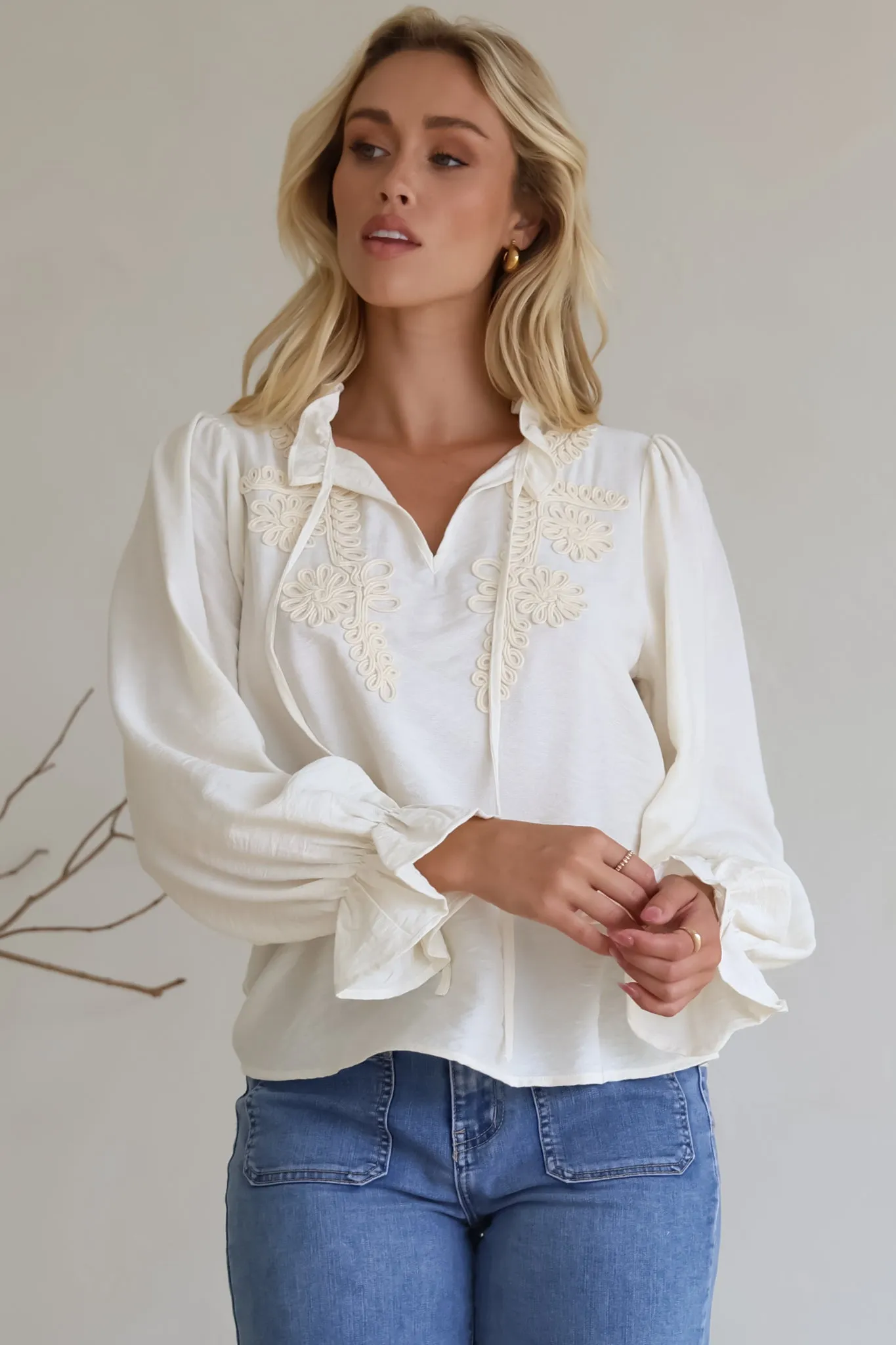 Lucian Blouse - Frill Neckline Pull Over Floral Decal Blouse in Cream sold by Salty Crush product image thumbnail 4