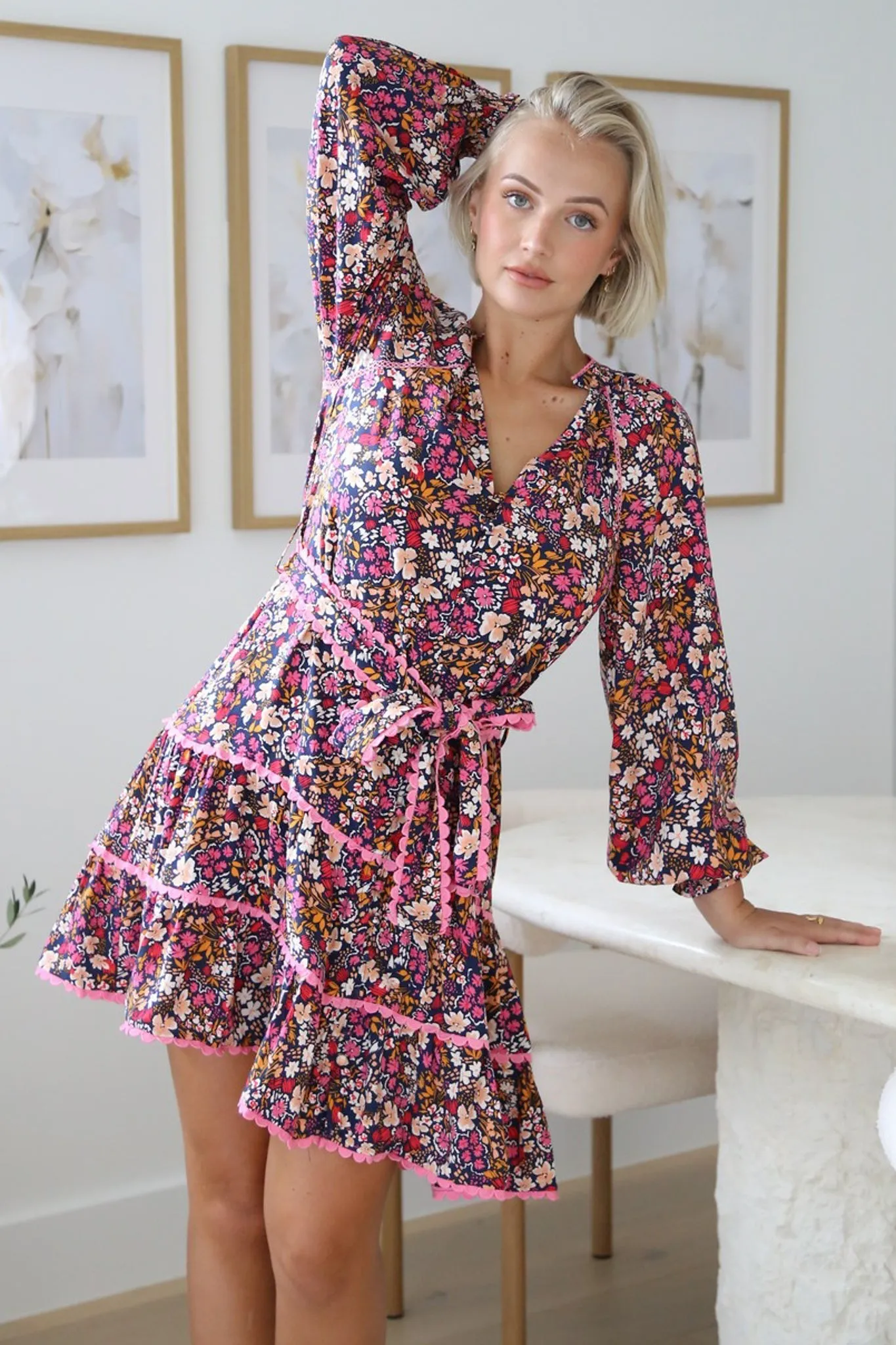 Lainie Mini Dress - Tiered Crochet Trim Mini Dress with Matching Belt in Fallon Print sold by Salty Crush