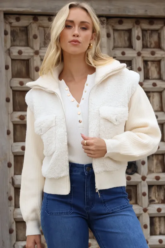 Walter Cropped Jacket - Knitted Teddy Bodice Zipper Jacket in Cream sold by Salty Crush