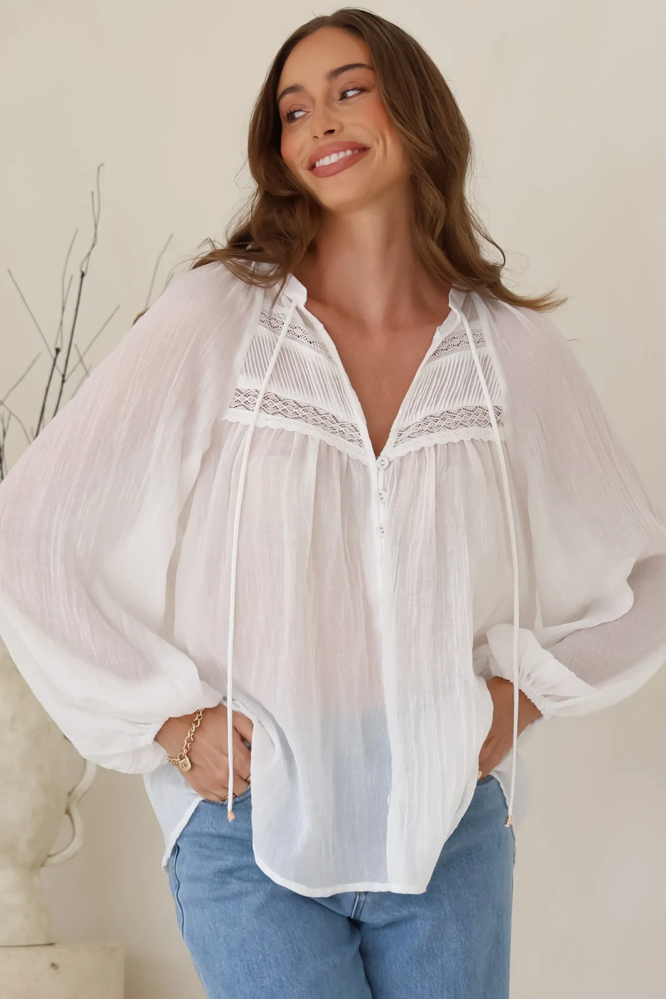 Angeline Top - Buttoned Down Scoop Hem Balloon Sleeve Blouse in White sold by Salty Crush