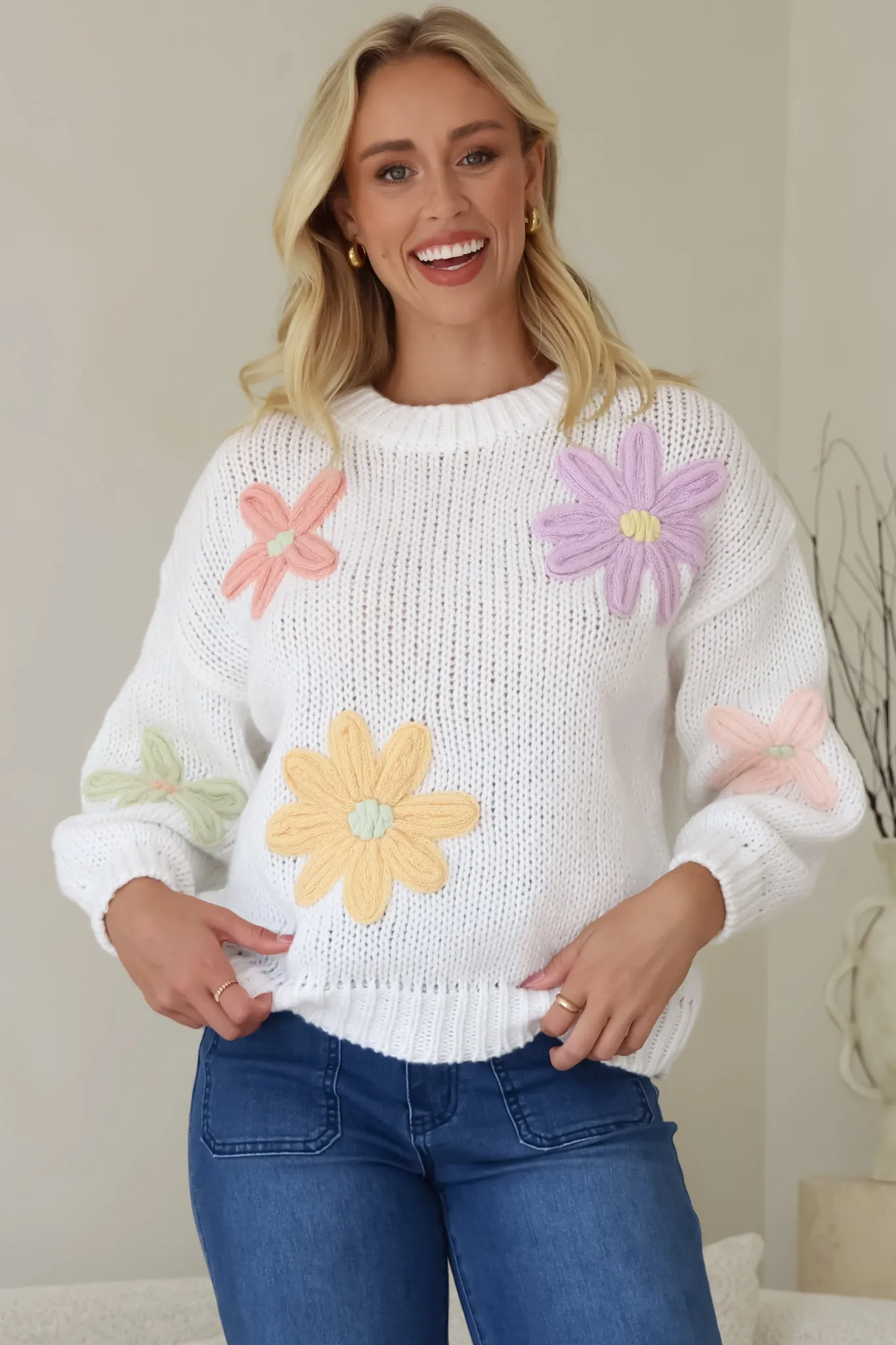 Wildflower Jumper - Chunky Knit Jumper with Flower Decals in White sold by Salty Crush product image thumbnail 4