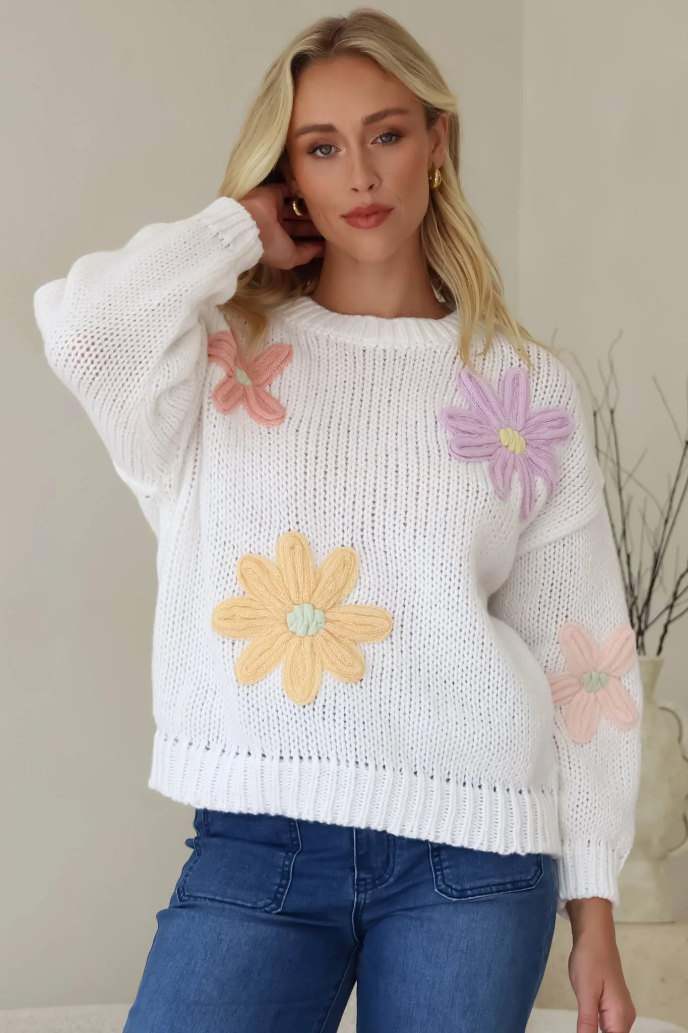 Wildflower Jumper - Chunky Knit Jumper with Flower Decals in White sold by Salty Crush product image thumbnail 2