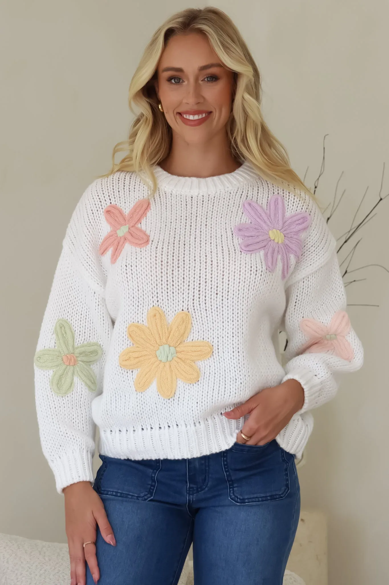 Wildflower Jumper - Chunky Knit Jumper with Flower Decals in White sold by Salty Crush product image thumbnail 5