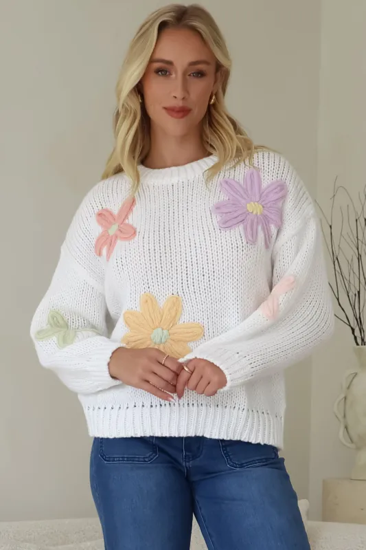 Wildflower Jumper - Chunky Knit Jumper with Flower Decals in White sold by Salty Crush