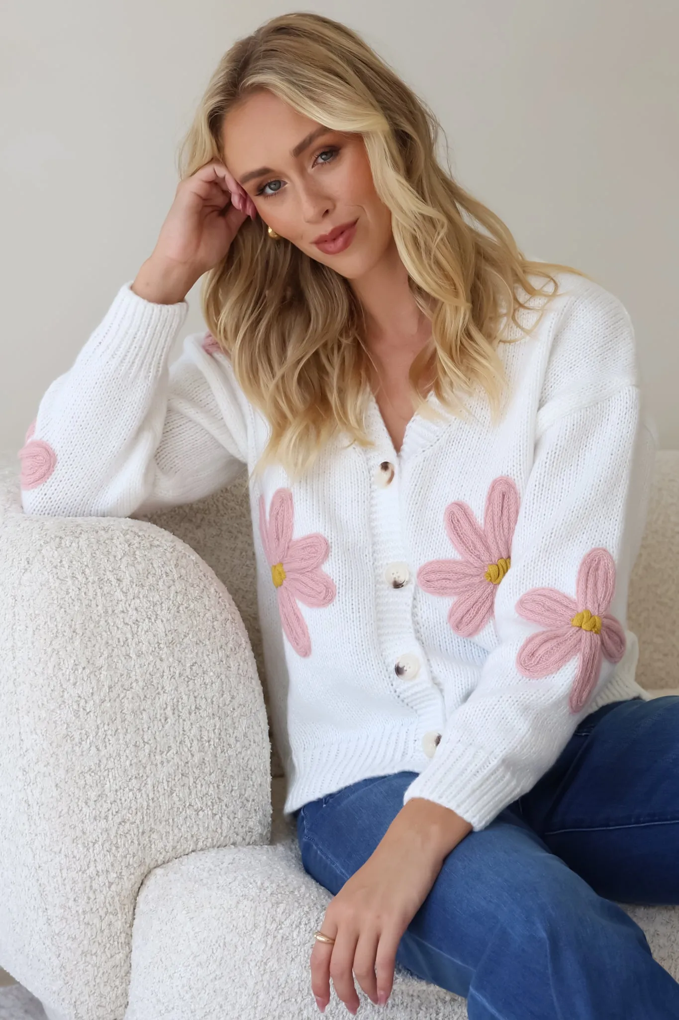 Daisy Belle Cardigan - Cropped Thick Knit Cardigan with Flower Decals in White sold by Salty Crush product image thumbnail 4