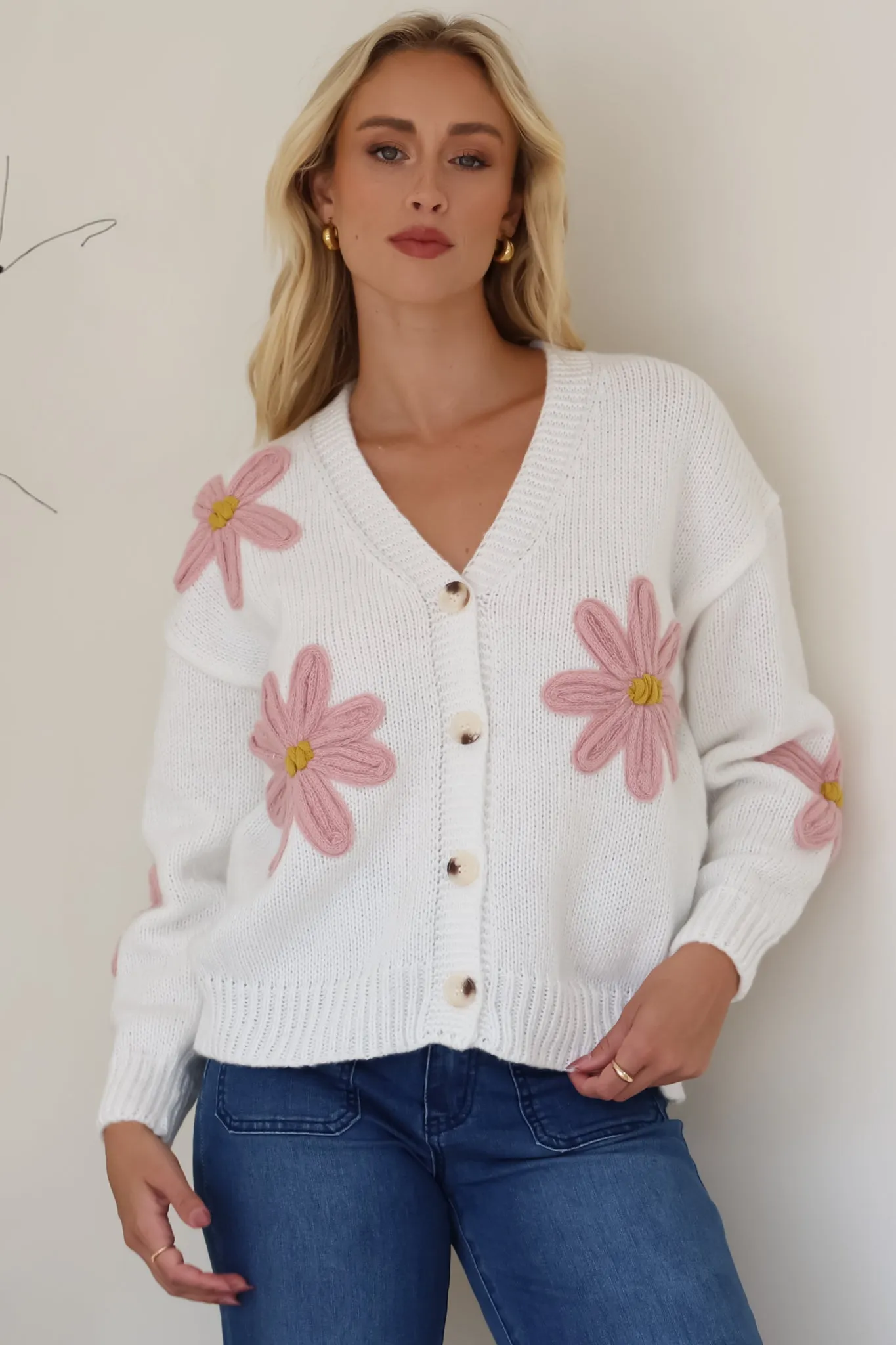 Daisy Belle Cardigan - Cropped Thick Knit Cardigan with Flower Decals in White sold by Salty Crush product image thumbnail 5