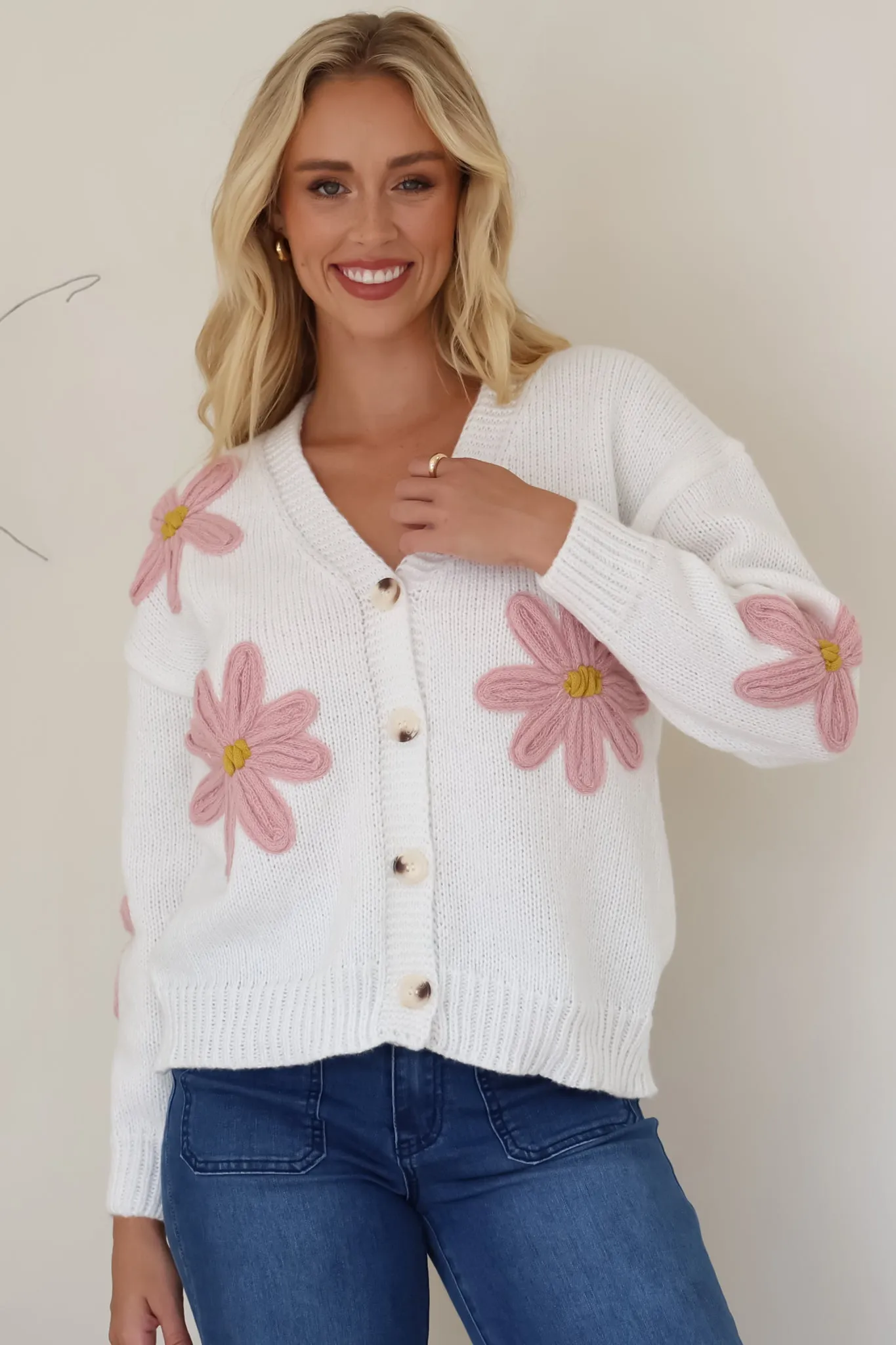Daisy Belle Cardigan - Cropped Thick Knit Cardigan with Flower Decals in White sold by Salty Crush product image thumbnail 3