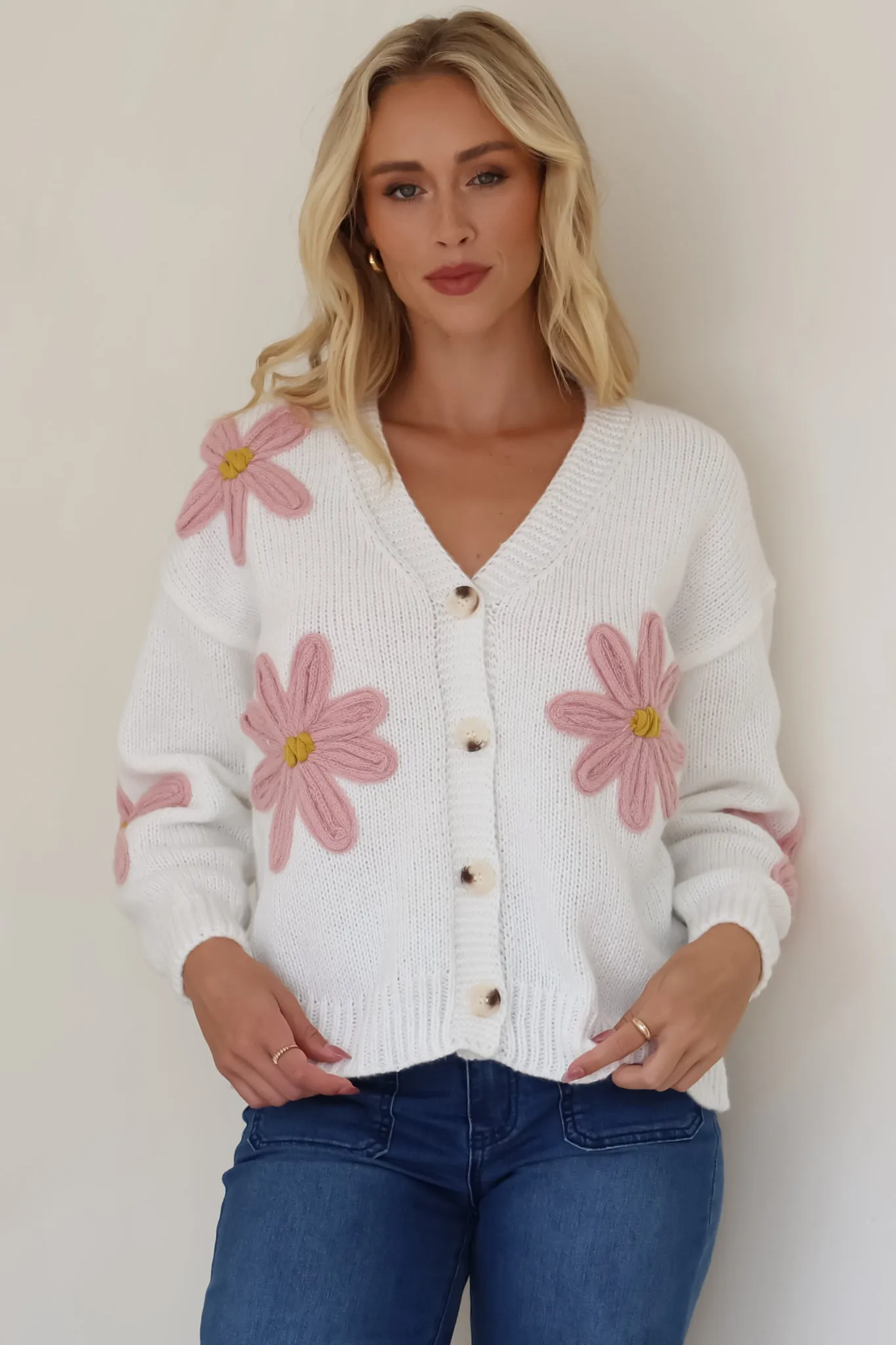 Daisy Belle Cardigan - Cropped Thick Knit Cardigan with Flower Decals in White sold by Salty Crush