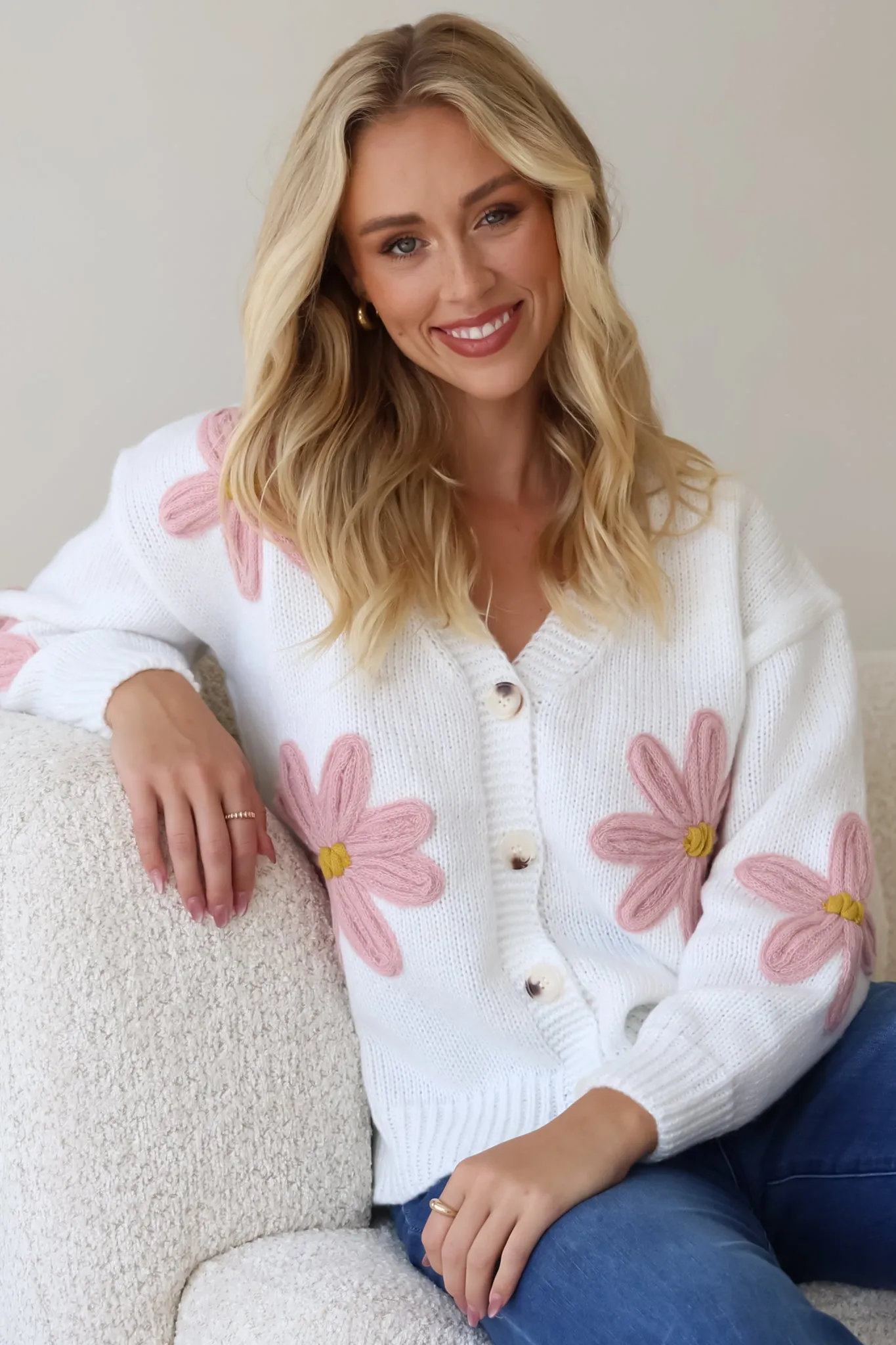 Daisy Belle Cardigan - Cropped Thick Knit Cardigan with Flower Decals in White sold by Salty Crush product image thumbnail 2