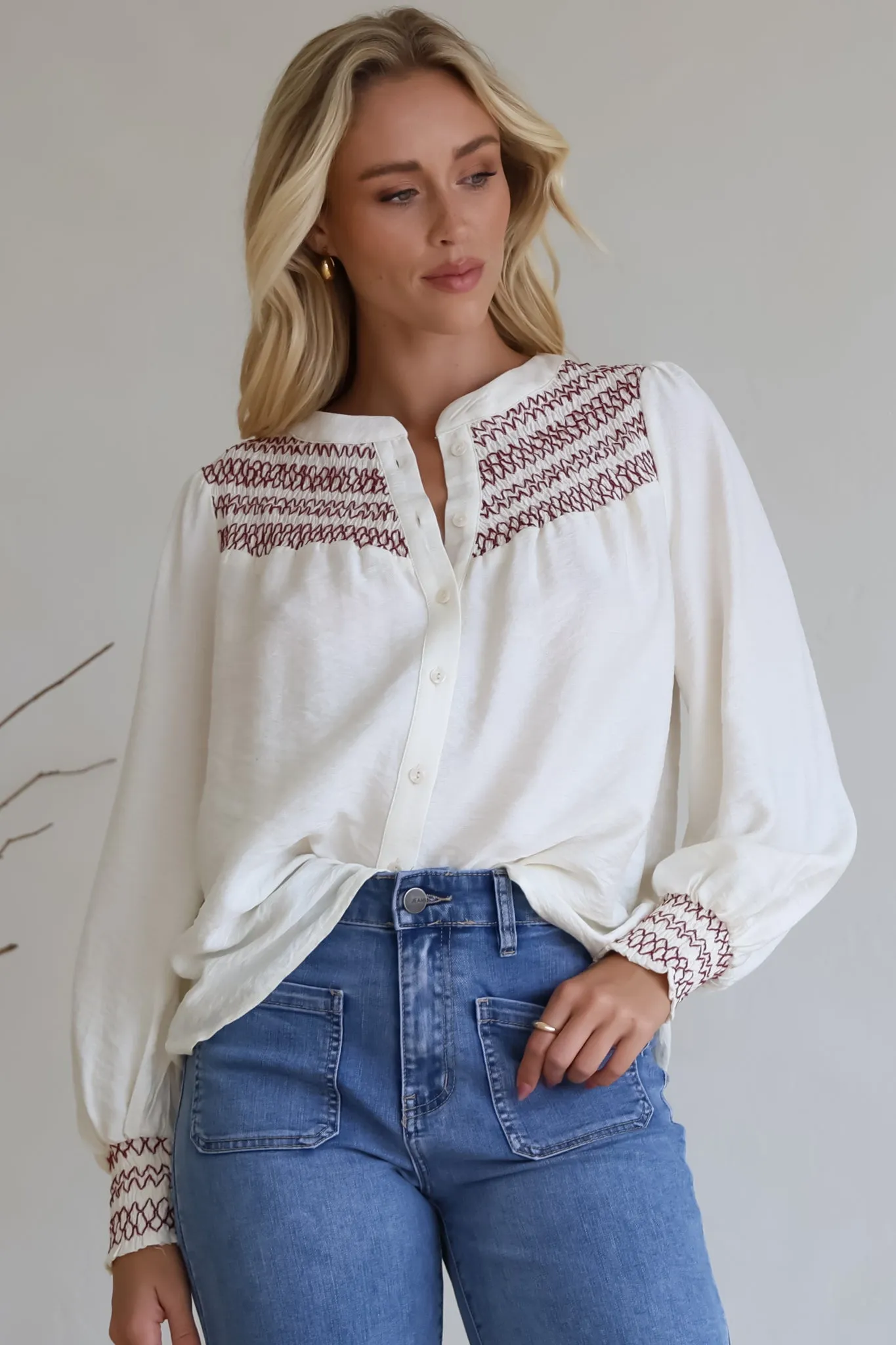 Leif Blouse - Mandarin Collar Button Down Blouse with Contrast Embroidering in Red sold by Salty Crush product image thumbnail 4