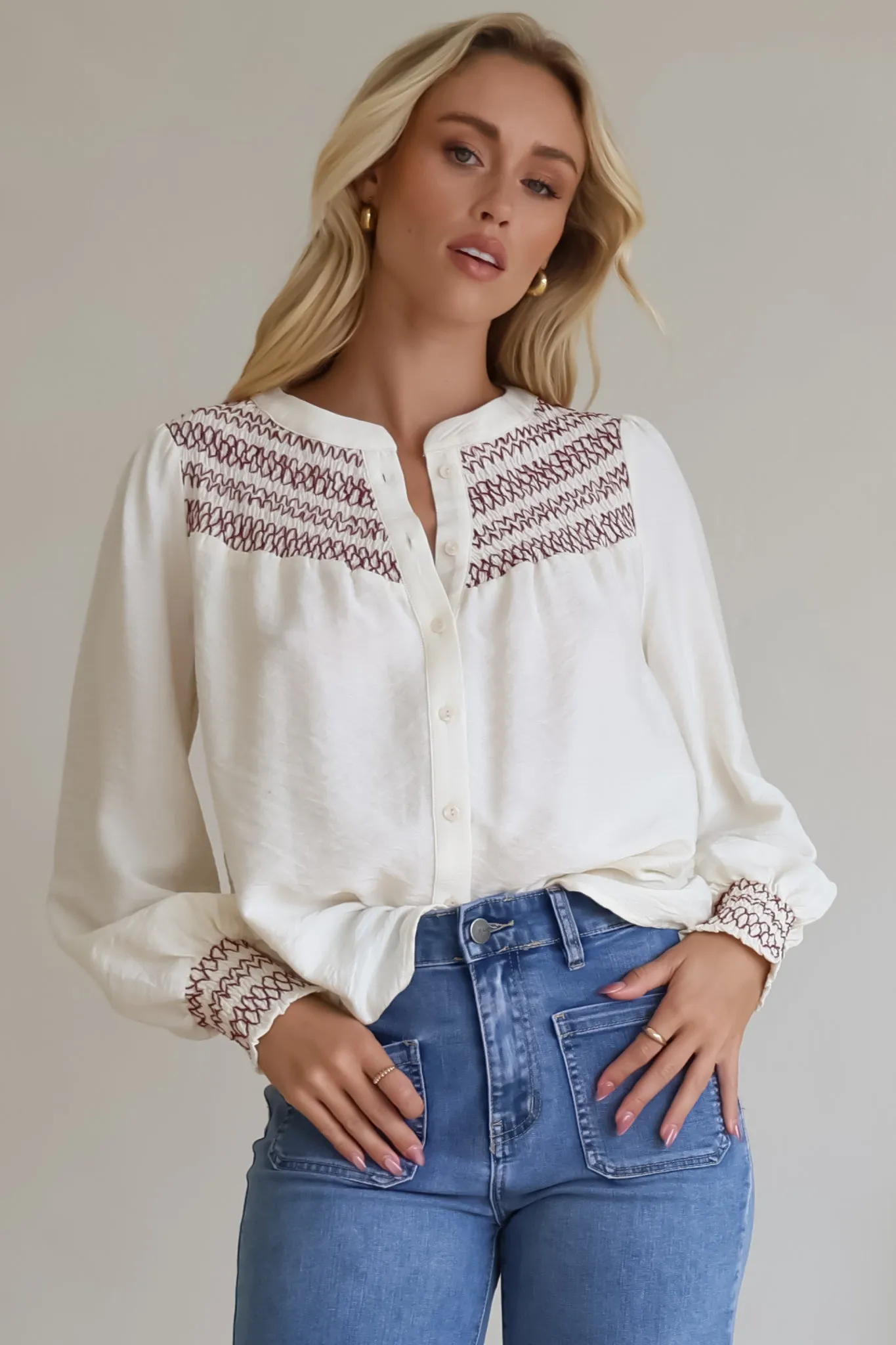 Leif Blouse - Mandarin Collar Button Down Blouse with Contrast Embroidering in Red sold by Salty Crush product image thumbnail 2