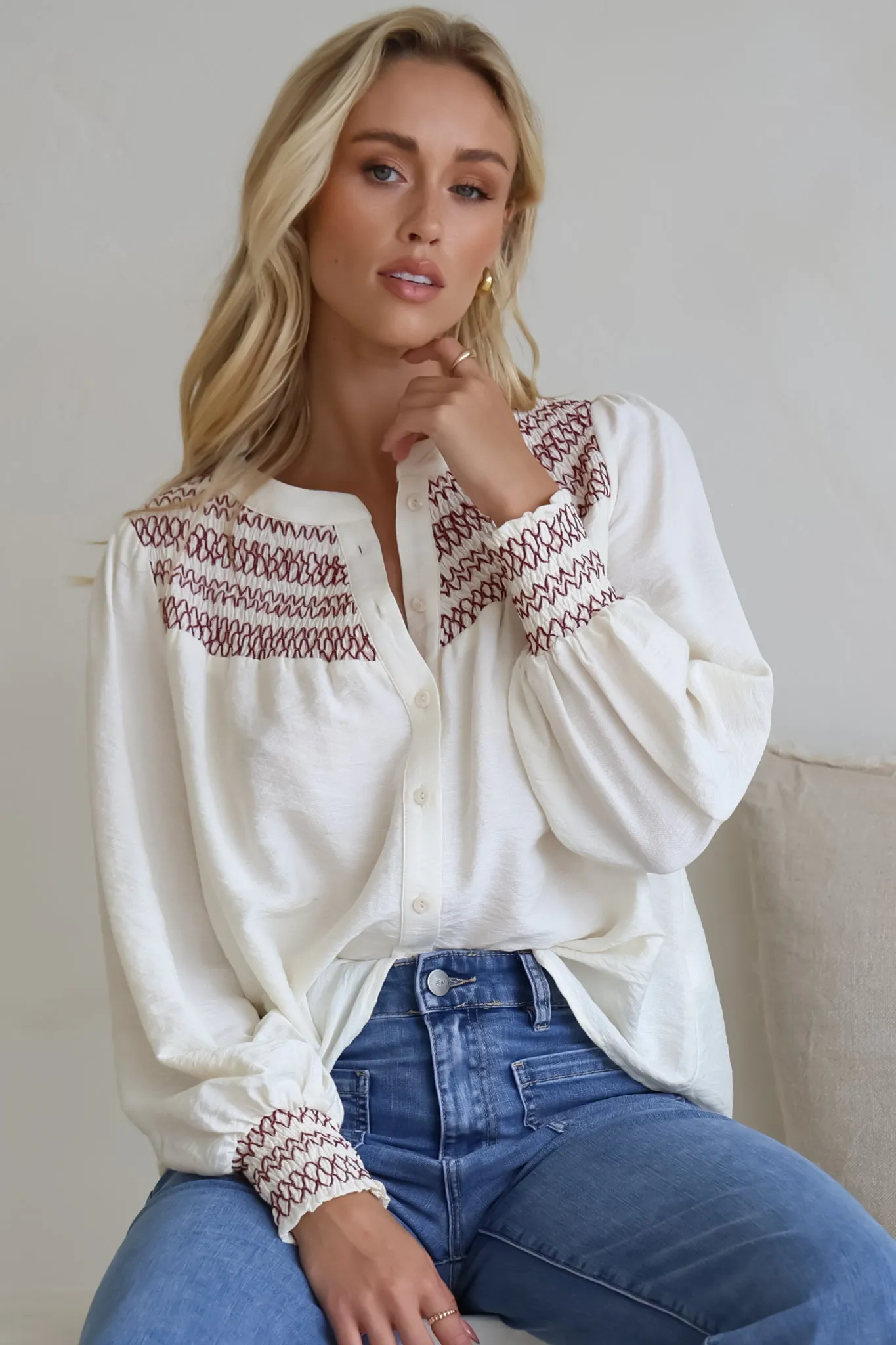 Leif Blouse - Mandarin Collar Button Down Blouse with Contrast Embroidering in Red sold by Salty Crush