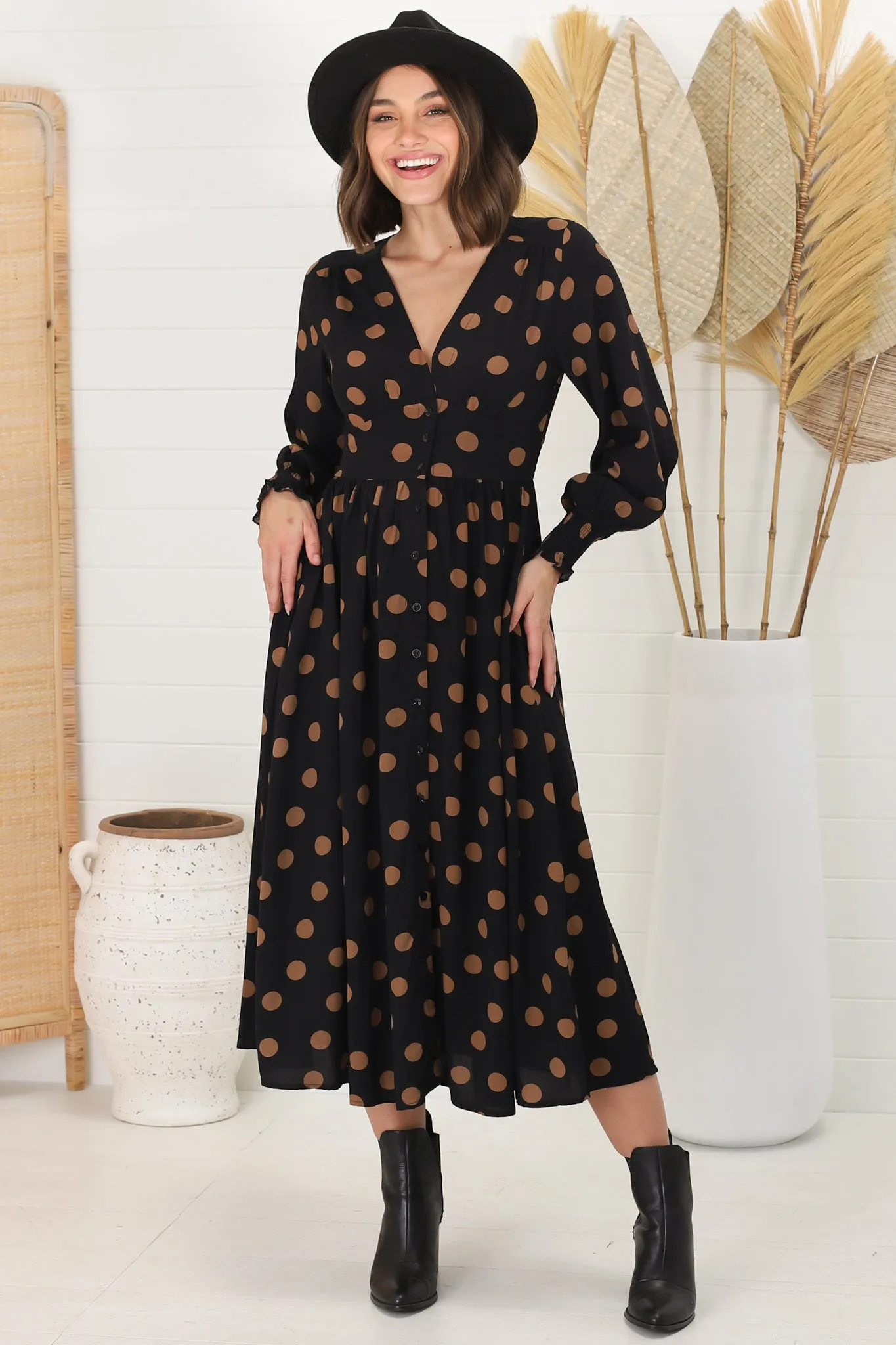 Jolie Midi Dress - V Neck Buttoned Down Long Sleeve Dress In Mahony Print sold by Salty Crush product image thumbnail 3