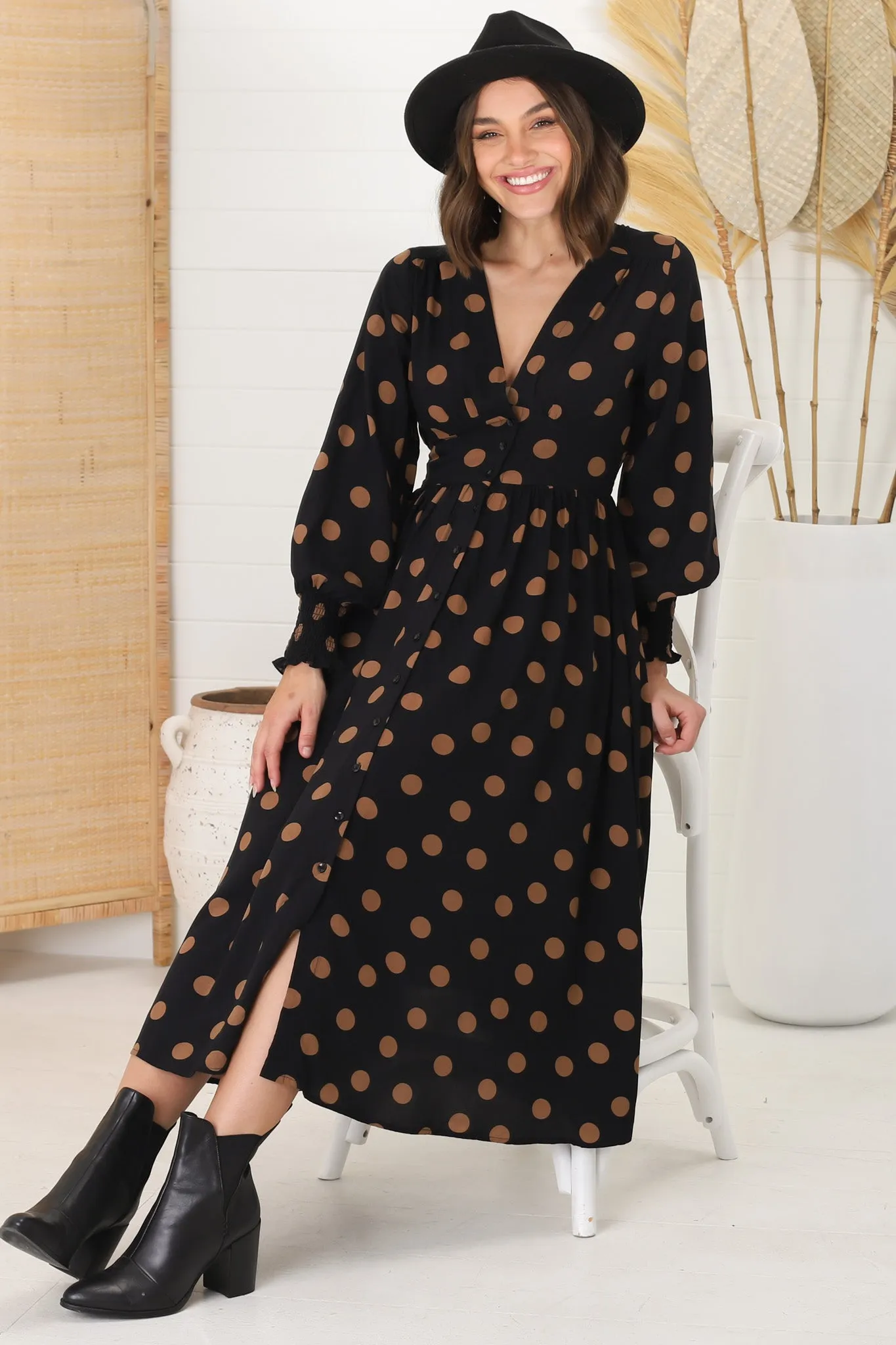 Jolie Midi Dress - V Neck Buttoned Down Long Sleeve Dress In Mahony Print sold by Salty Crush product image thumbnail 5