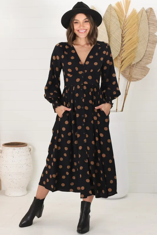 Jolie Midi Dress - V Neck Buttoned Down Long Sleeve Dress In Mahony Print sold by Salty Crush
