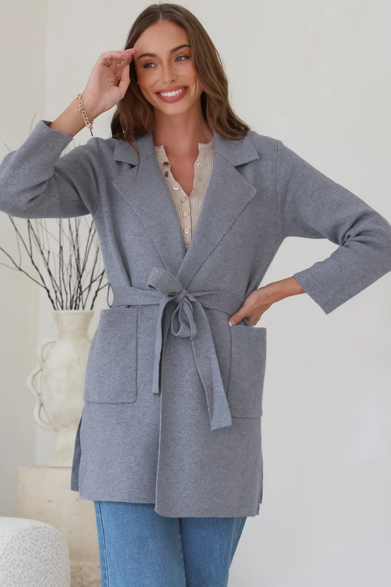 Onyx Cardigan - Lapel Collar Open Front Coatigan with Waist Tie in Grey sold by Salty Crush