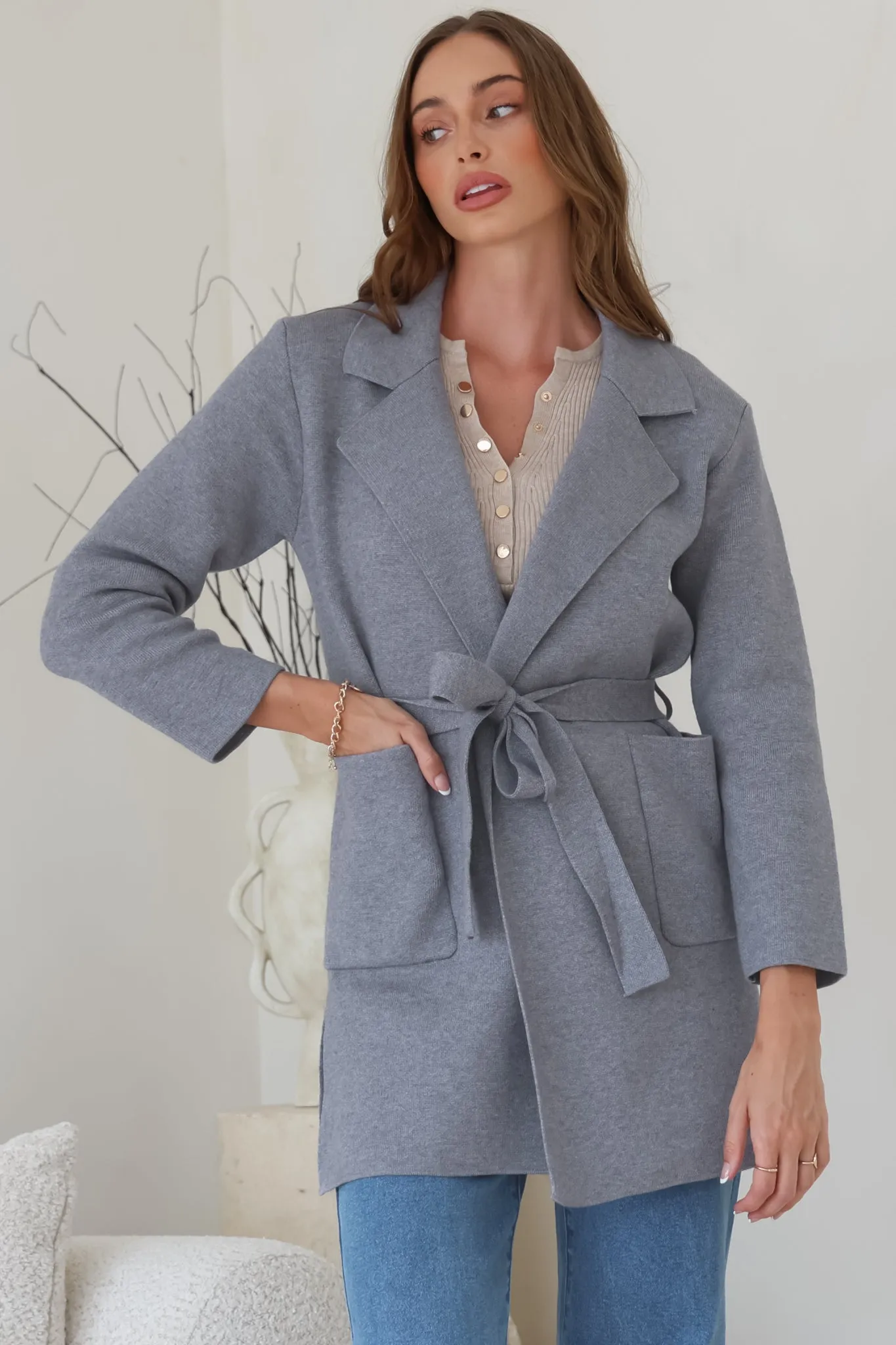 Onyx Cardigan - Lapel Collar Open Front Coatigan with Waist Tie in Grey sold by Salty Crush product image thumbnail 3