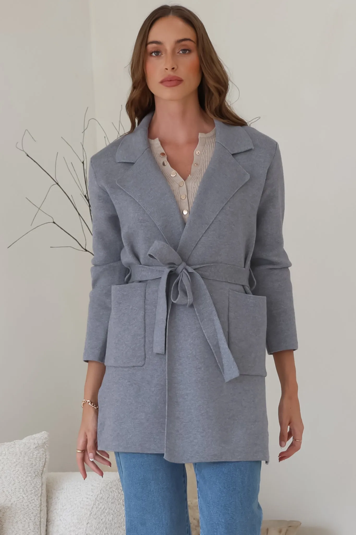 Onyx Cardigan - Lapel Collar Open Front Coatigan with Waist Tie in Grey sold by Salty Crush product image thumbnail 5