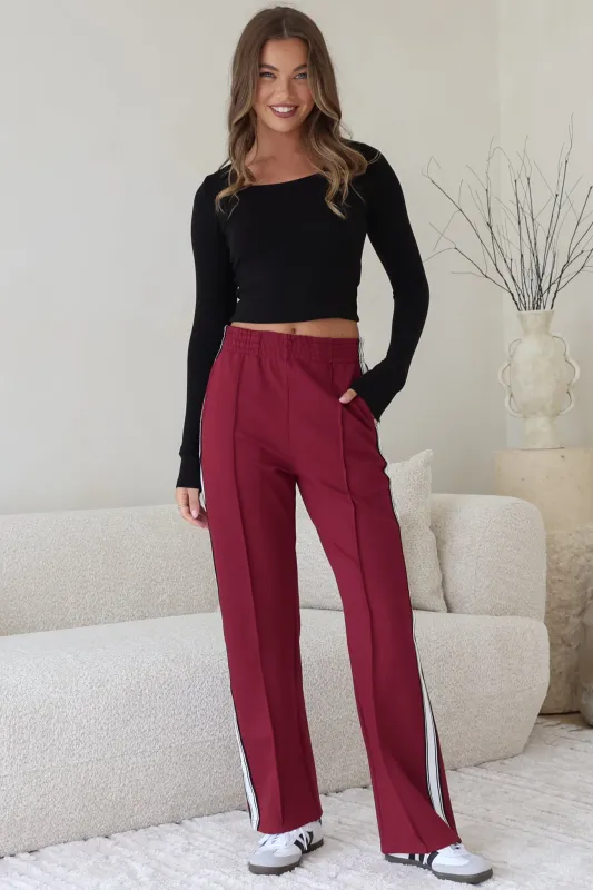 Victoria Pants - High Waisted Sports Stripe Side Seams in Wine sold by Salty Crush