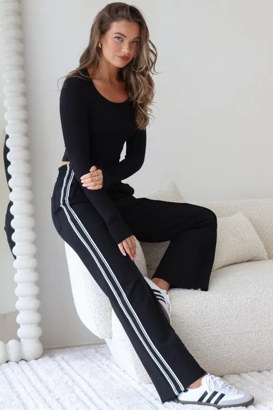 Victoria Pants - High Waisted Sports Stripe Side Seams in Black sold by Salty Crush