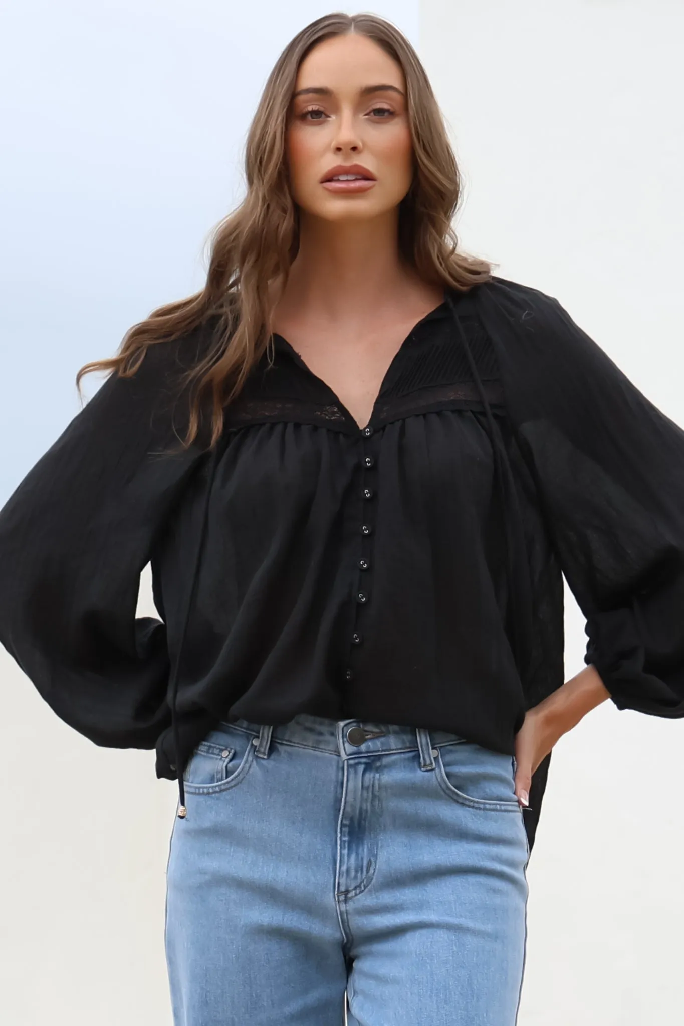 Angeline Top - Buttoned Down Scoop Hem Balloon Sleeve Blouse in Black sold by Salty Crush product image thumbnail 4