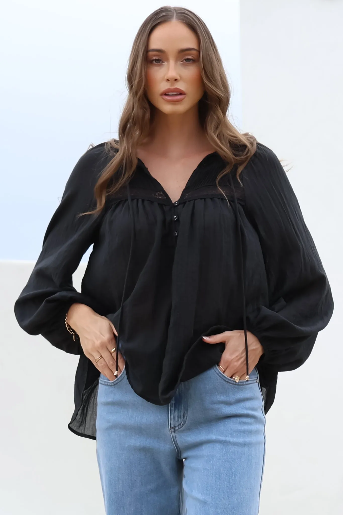 Angeline Top - Buttoned Down Scoop Hem Balloon Sleeve Blouse in Black sold by Salty Crush