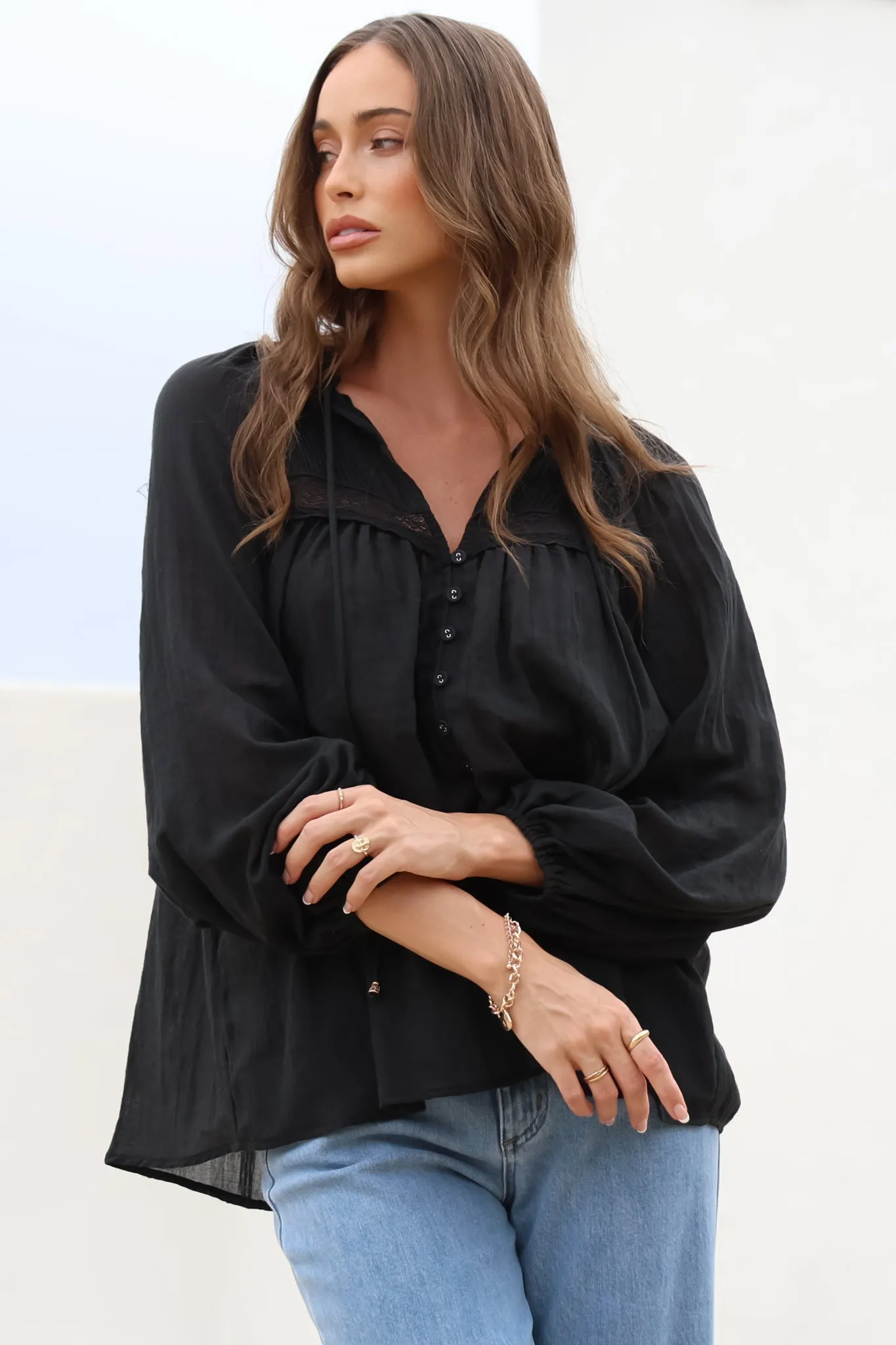 Angeline Top - Buttoned Down Scoop Hem Balloon Sleeve Blouse in Black sold by Salty Crush product image thumbnail 3