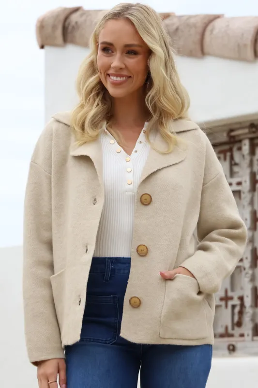 Eden Cardigan - Collared Button Closure Coatigan in Beige sold by Salty Crush