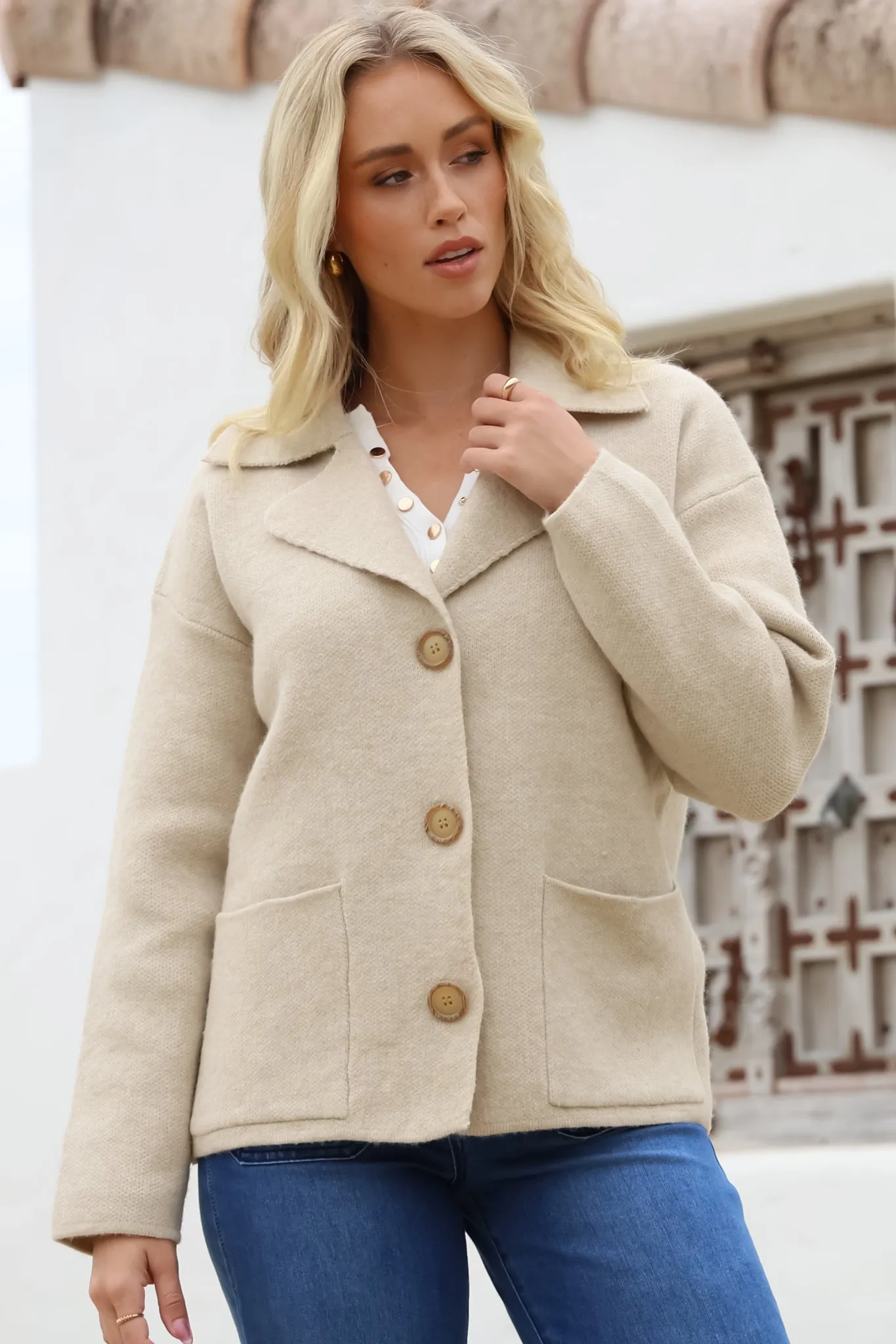 Eden Cardigan - Collared Button Closure Coatigan in Beige sold by Salty Crush product image thumbnail 5