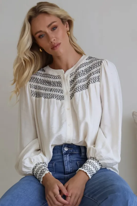 Leif Blouse - Mandarin Collar Button Down Blouse with Contrast Embroidering in Black sold by Salty Crush