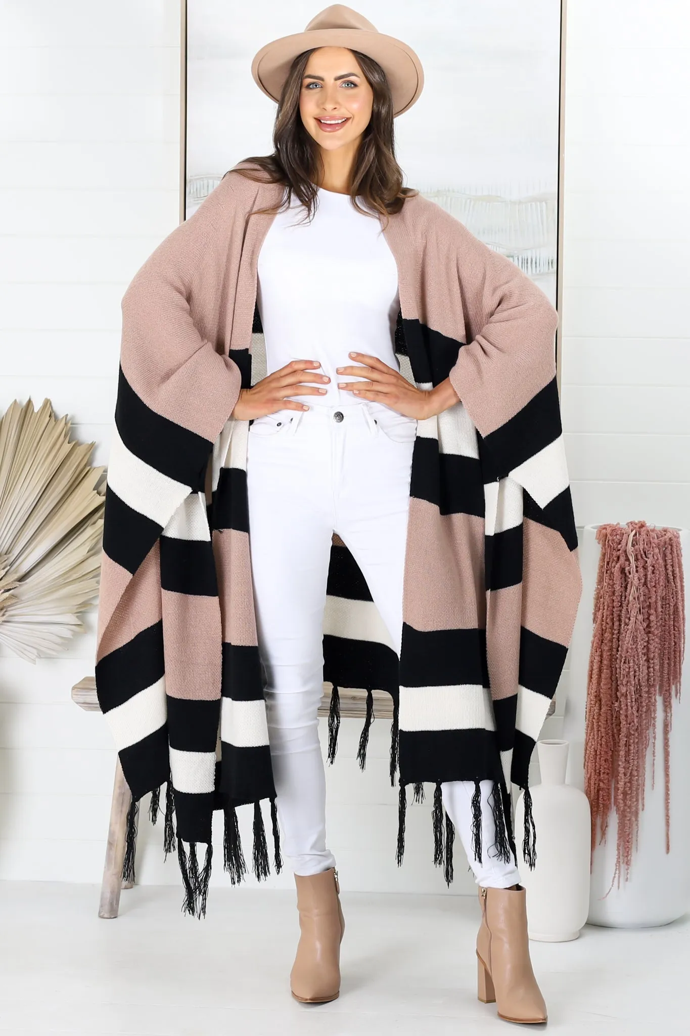 Kamdyn Poncho - Stripe Slouch Shoulder Throw Over Poncho in Mocha sold by Salty Crush product image thumbnail 4