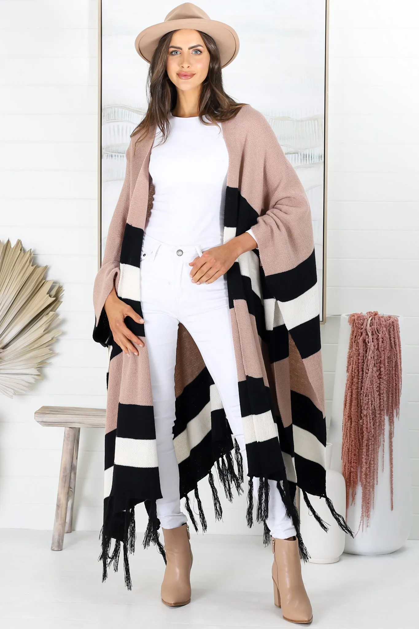 Kamdyn Poncho - Stripe Slouch Shoulder Throw Over Poncho in Mocha sold by Salty Crush
