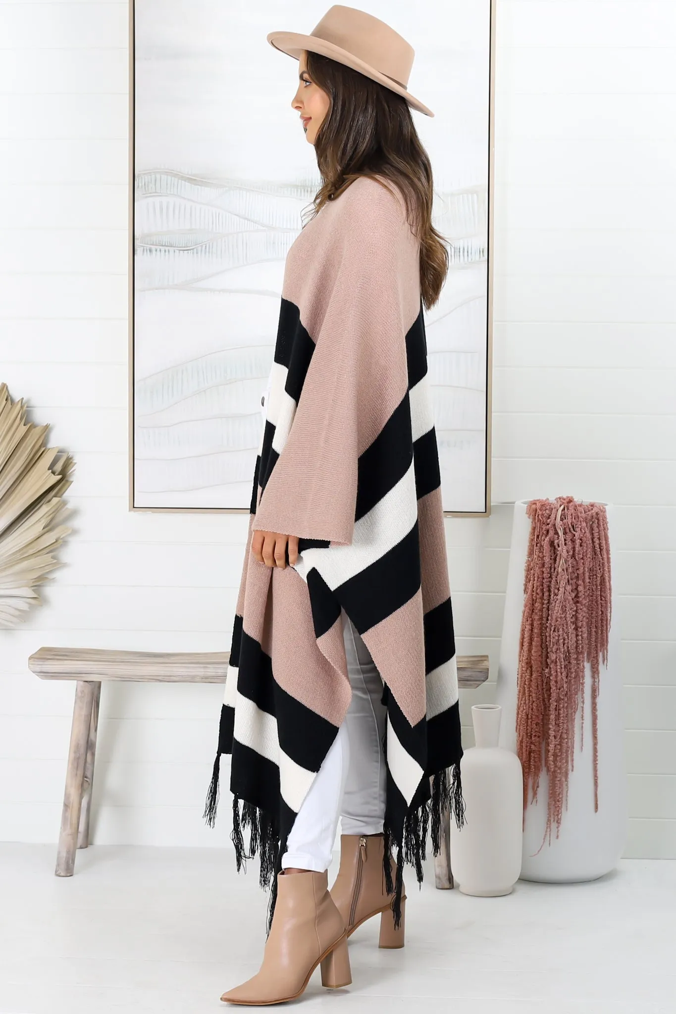 Kamdyn Poncho - Stripe Slouch Shoulder Throw Over Poncho in Mocha sold by Salty Crush product image thumbnail 5