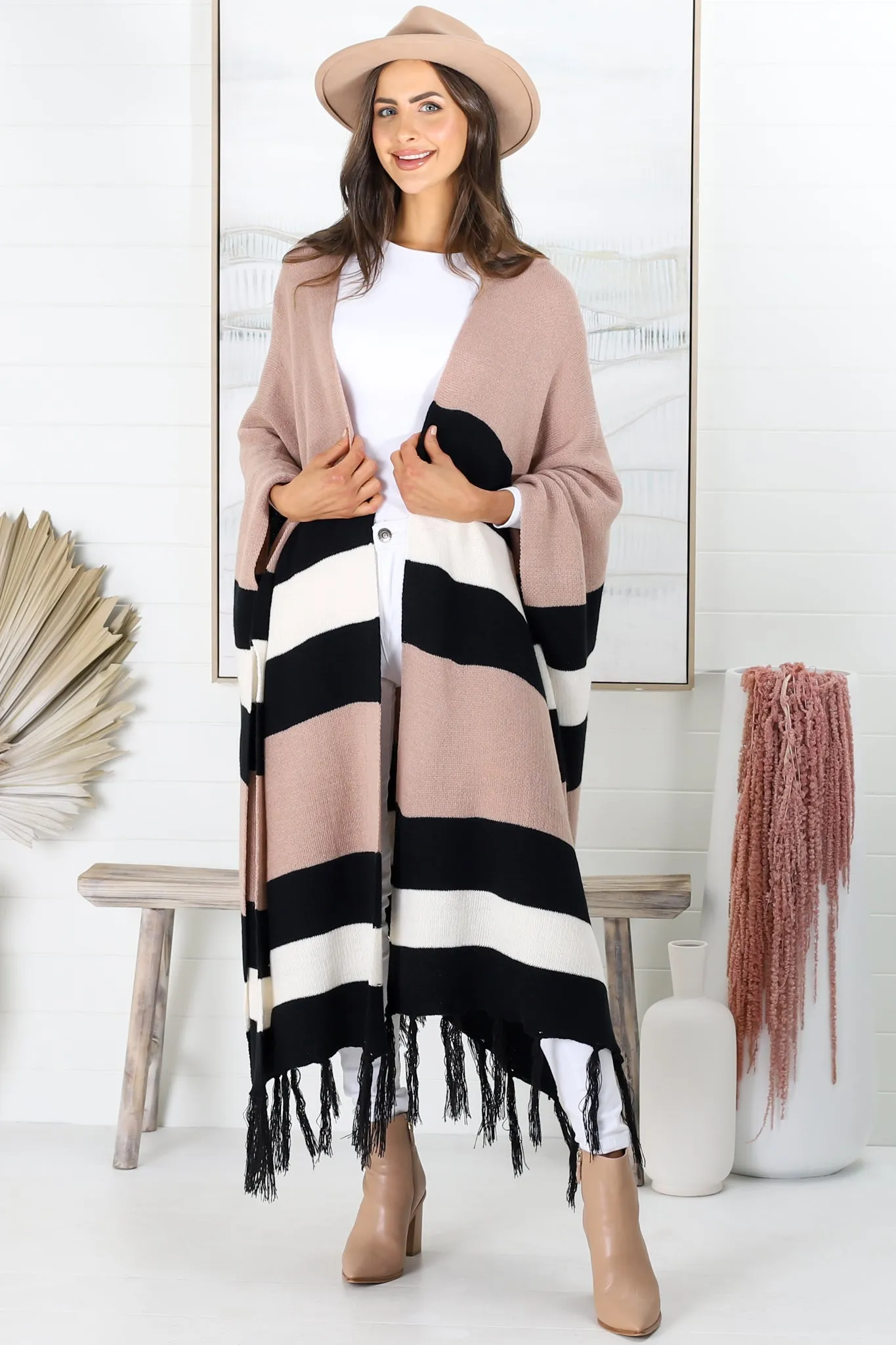 Kamdyn Poncho - Stripe Slouch Shoulder Throw Over Poncho in Mocha sold by Salty Crush product image thumbnail 2