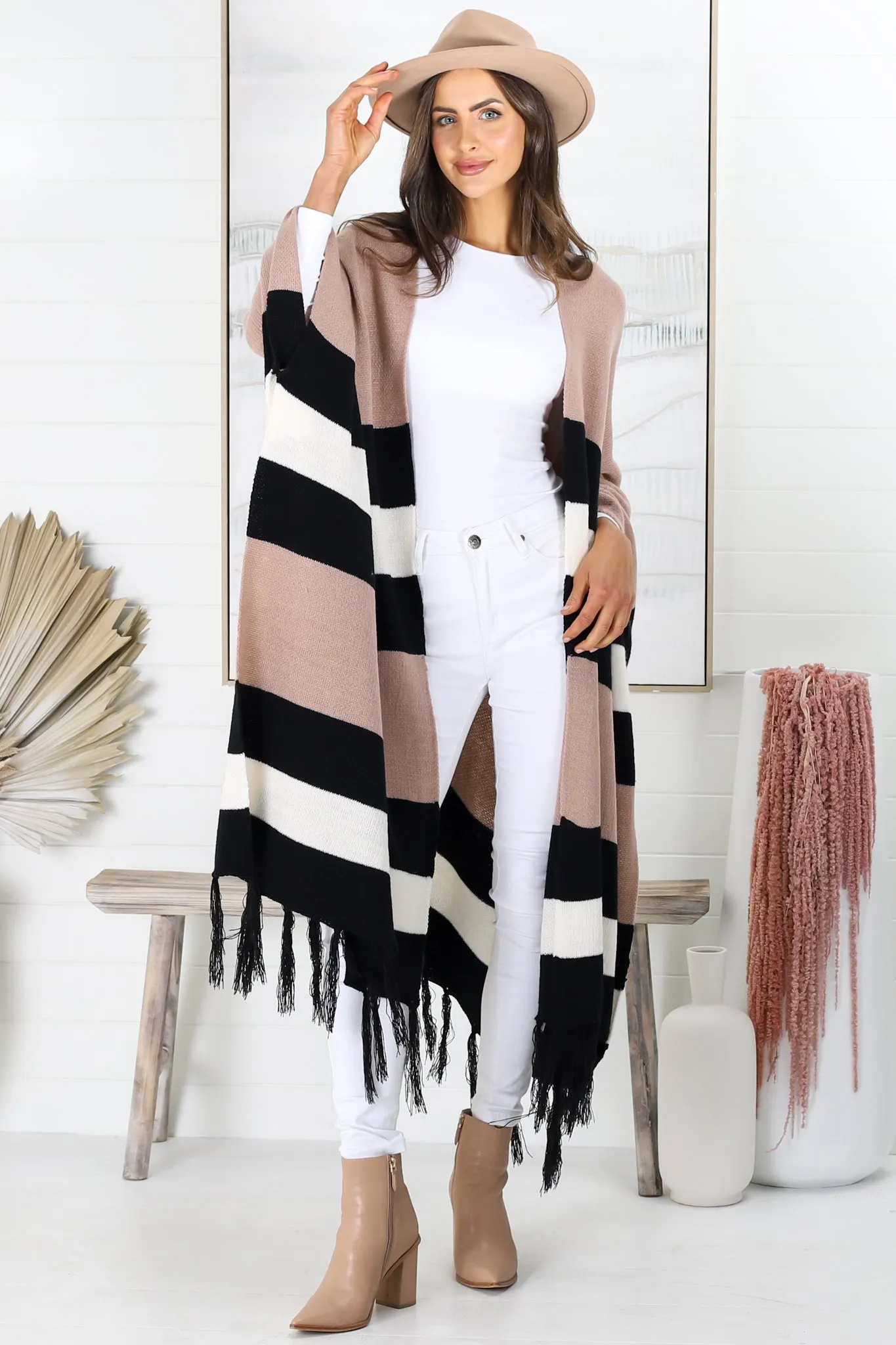 Kamdyn Poncho - Stripe Slouch Shoulder Throw Over Poncho in Mocha sold by Salty Crush product image thumbnail 3