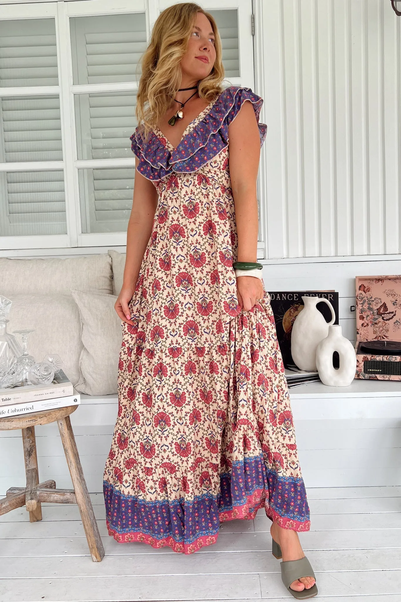 Ema Maxi Dress - Frill Neckline A-Line Maxi Dress in Bohemia Print sold by Salty Crush product image thumbnail 4