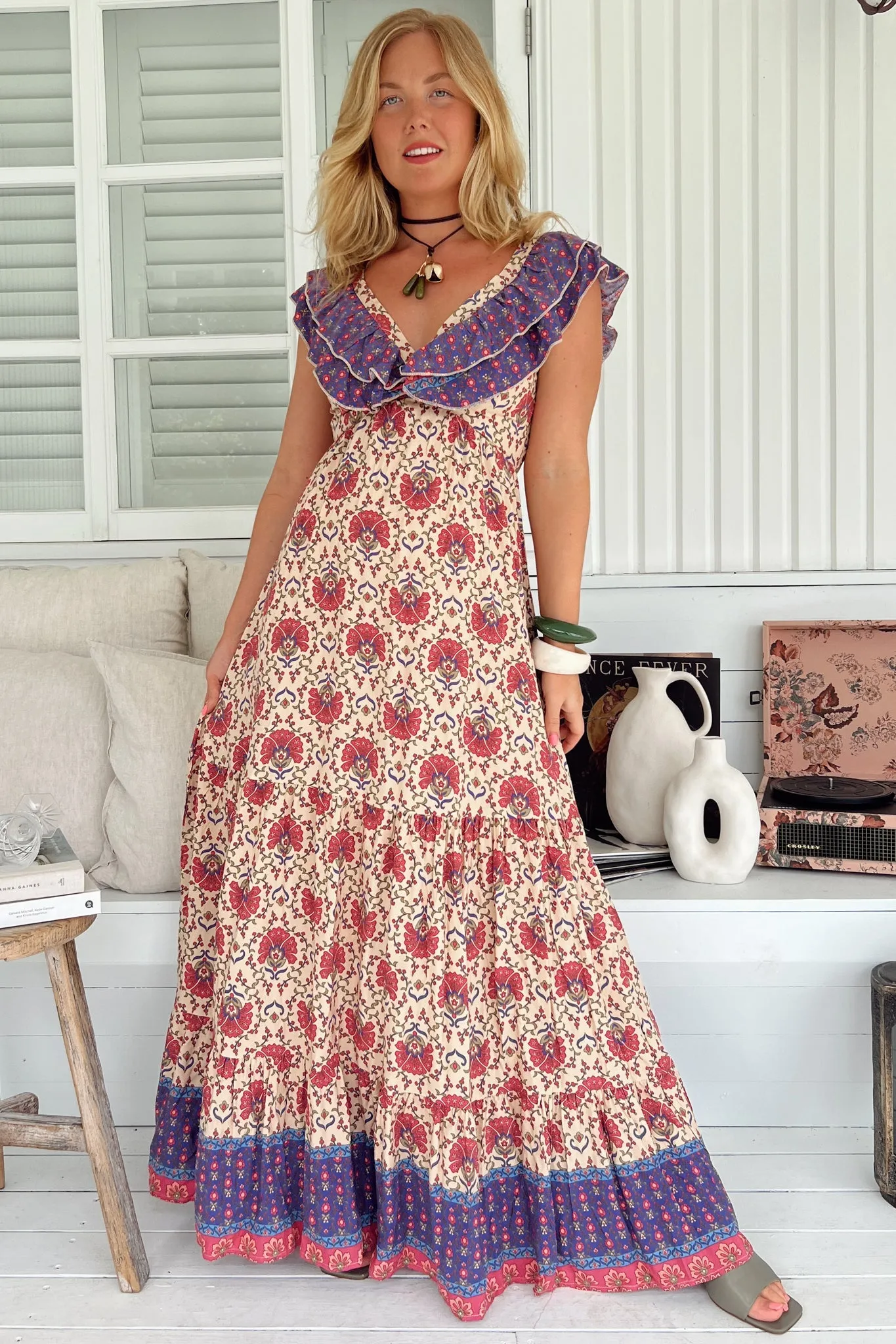 Ema Maxi Dress - Frill Neckline A-Line Maxi Dress in Bohemia Print sold by Salty Crush