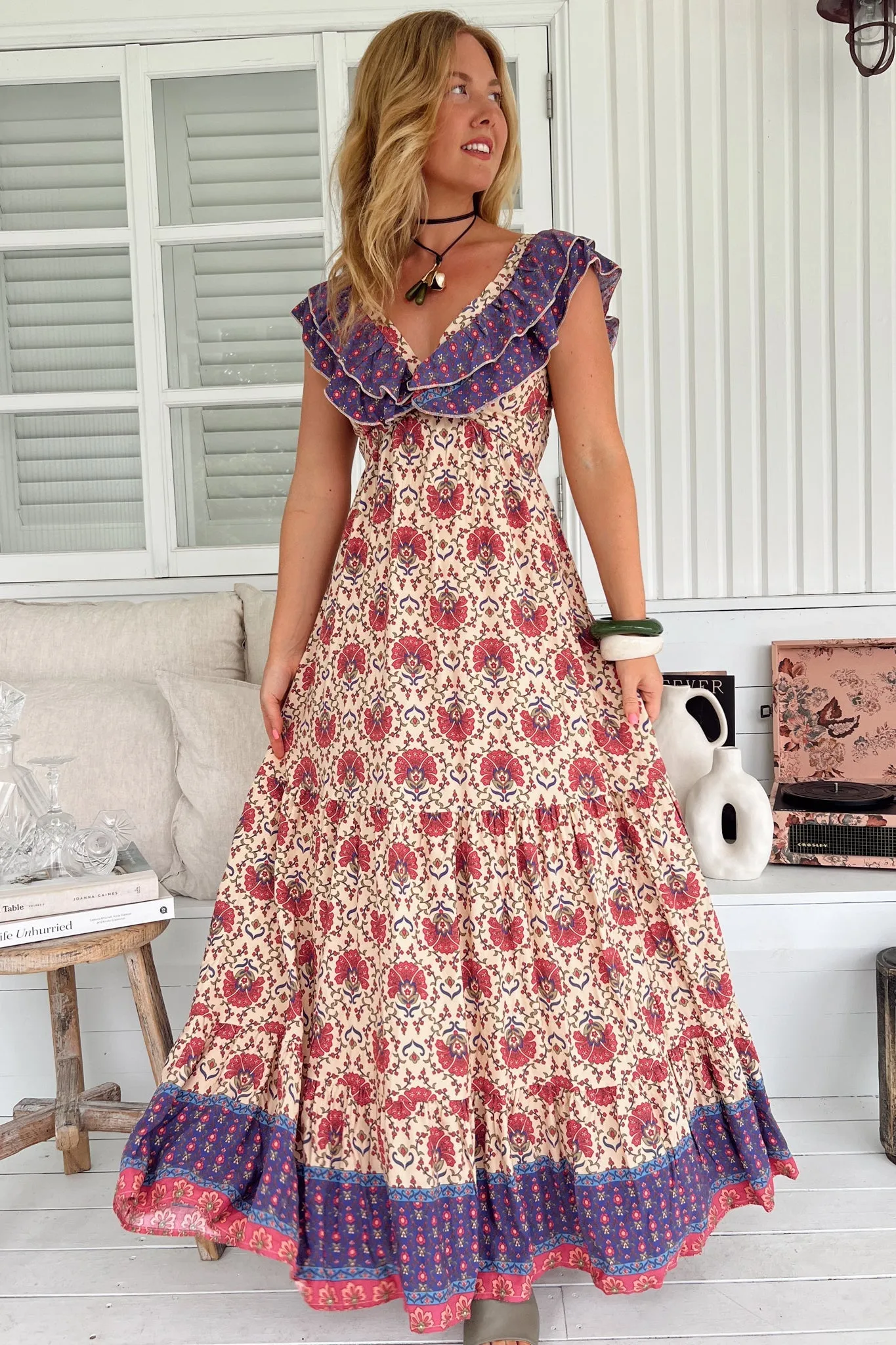Ema Maxi Dress - Frill Neckline A-Line Maxi Dress in Bohemia Print sold by Salty Crush product image thumbnail 5
