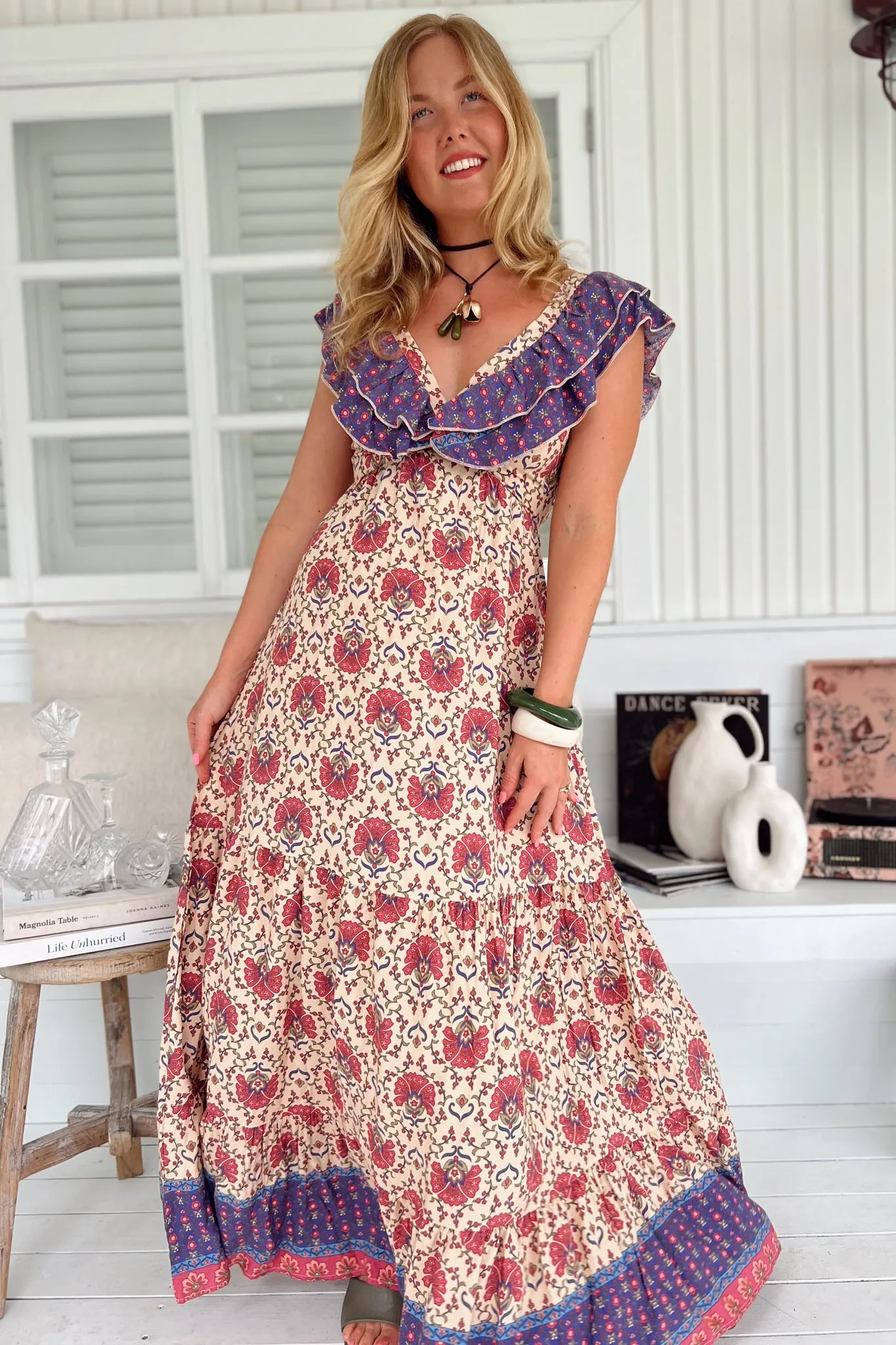 Ema Maxi Dress - Frill Neckline A-Line Maxi Dress in Bohemia Print sold by Salty Crush product image thumbnail 3