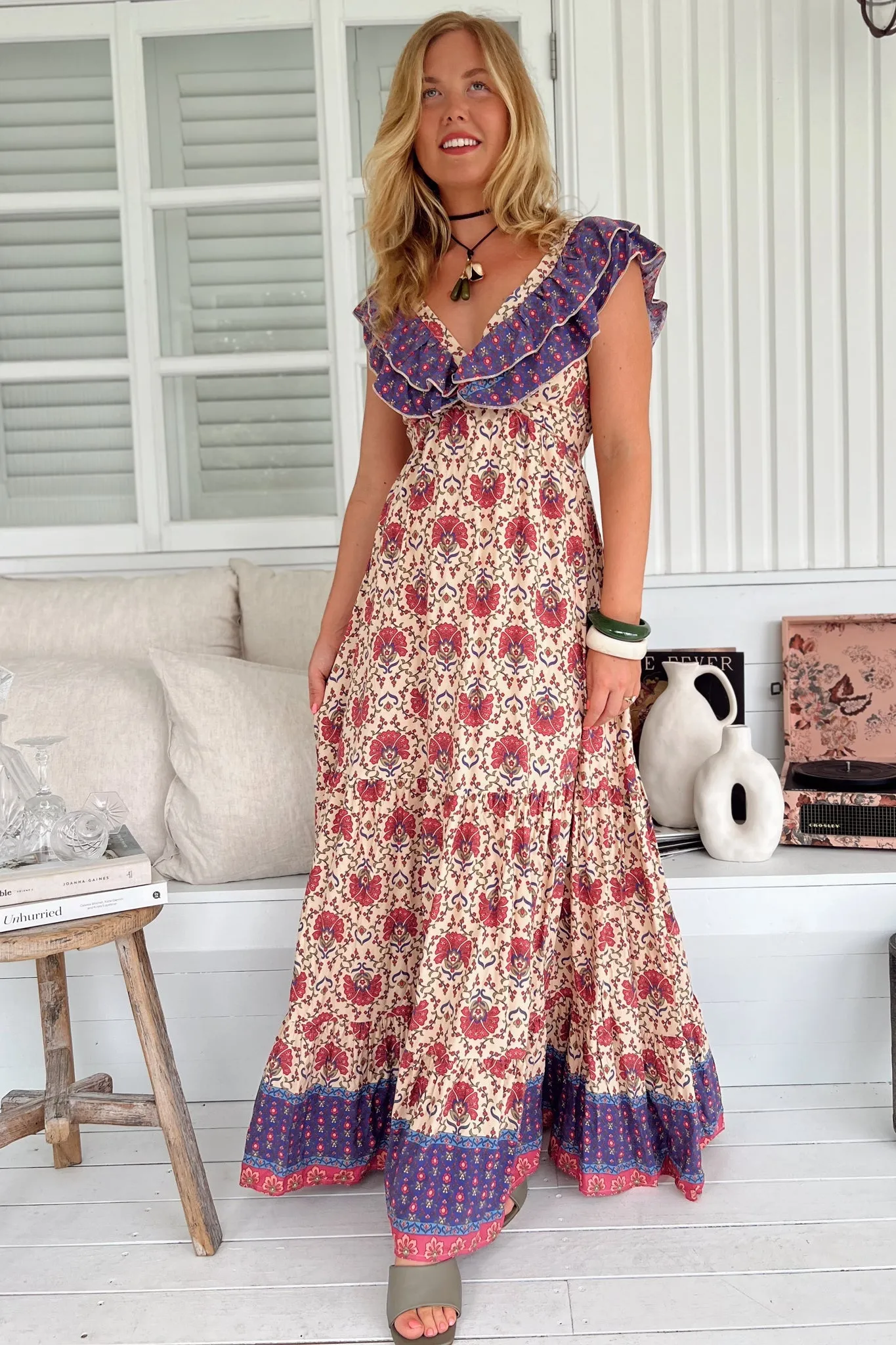 Ema Maxi Dress - Frill Neckline A-Line Maxi Dress in Bohemia Print sold by Salty Crush product image thumbnail 2