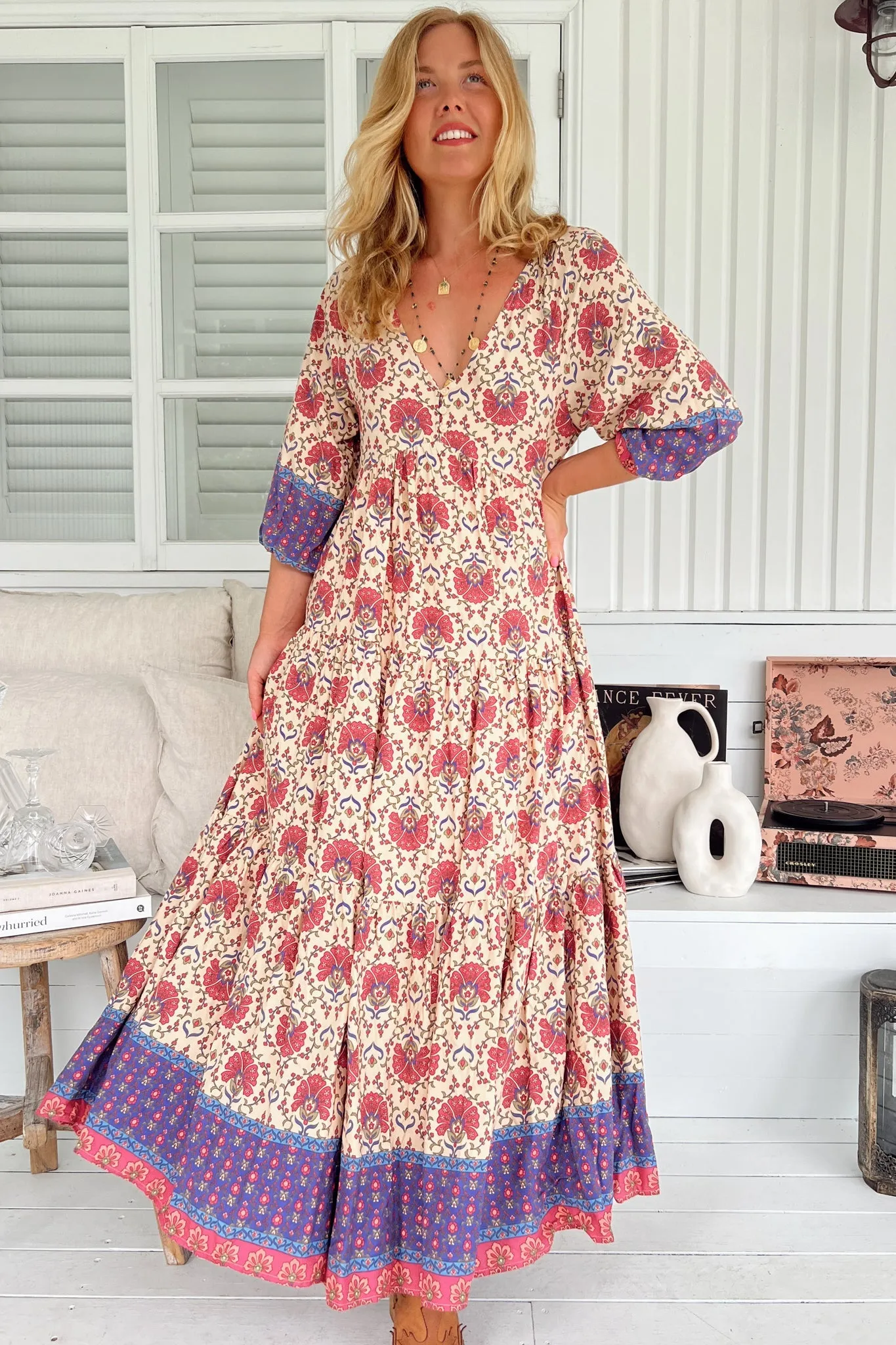 Mia Maxi Dress - V Neckline Bias Cut Tiered Dress in Bohemia Print sold by Salty Crush