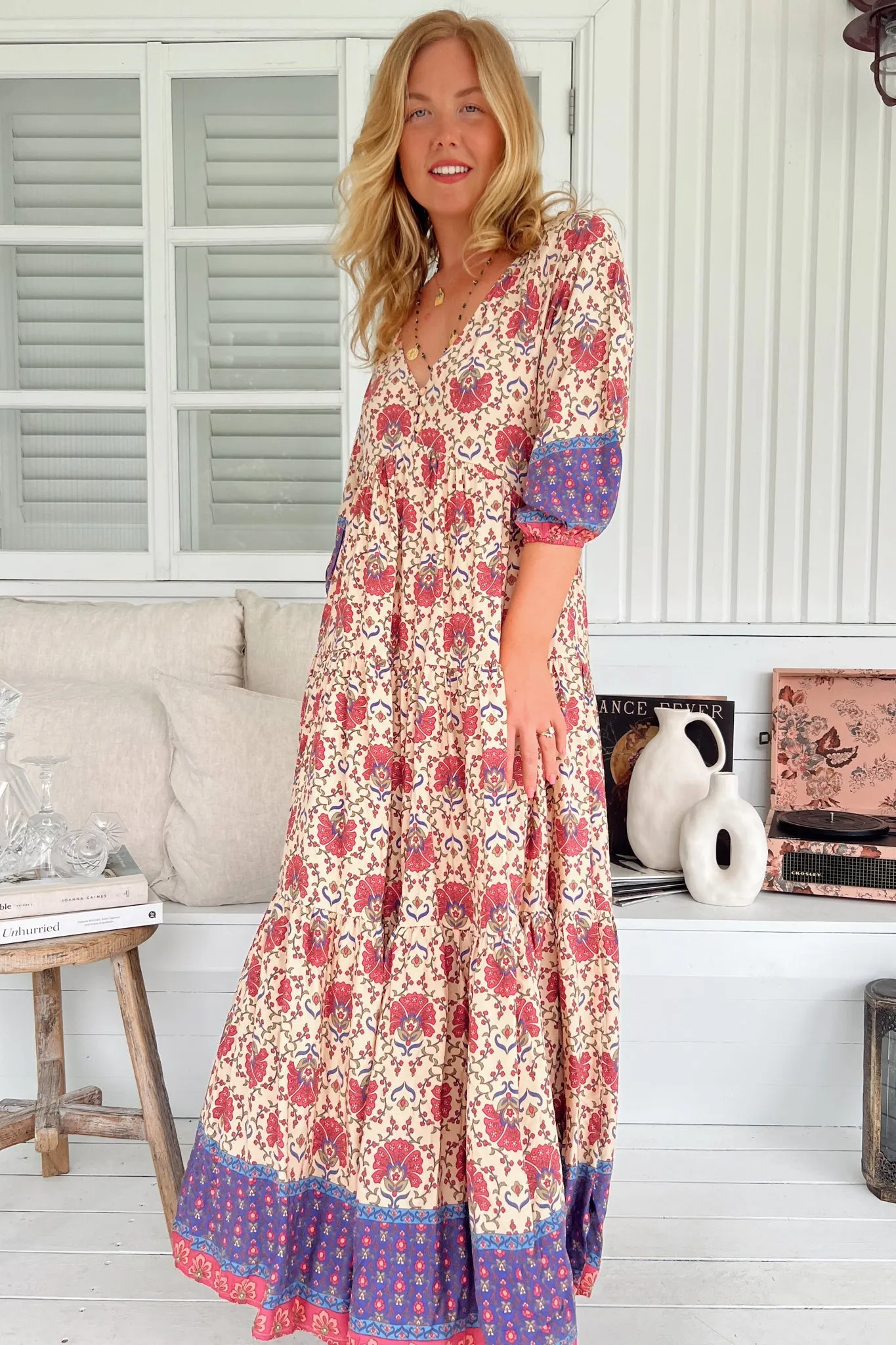 Mia Maxi Dress - V Neckline Bias Cut Tiered Dress in Bohemia Print sold by Salty Crush product image thumbnail 5