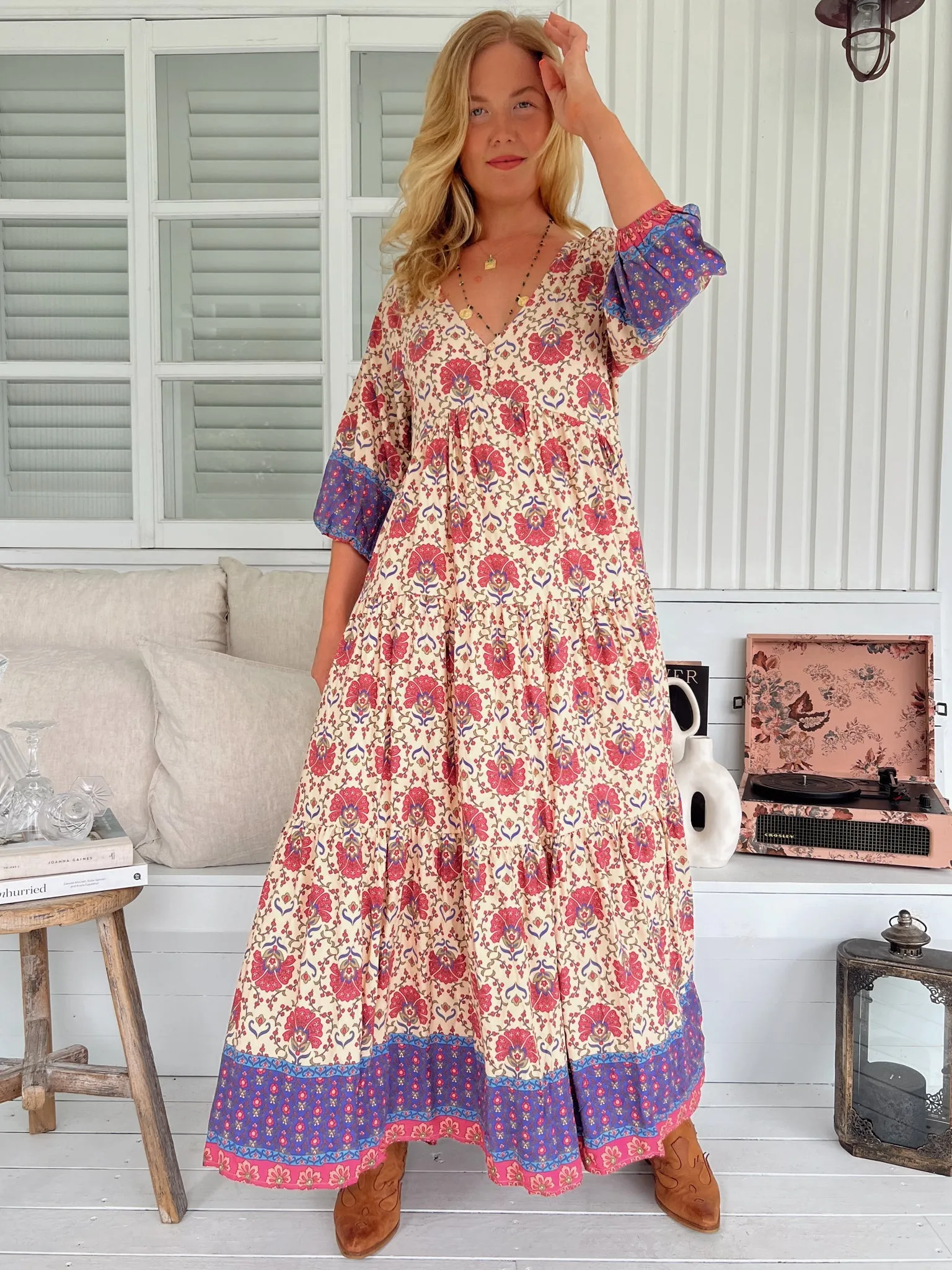 Mia Maxi Dress - V Neckline Bias Cut Tiered Dress in Bohemia Print sold by Salty Crush product image thumbnail 2
